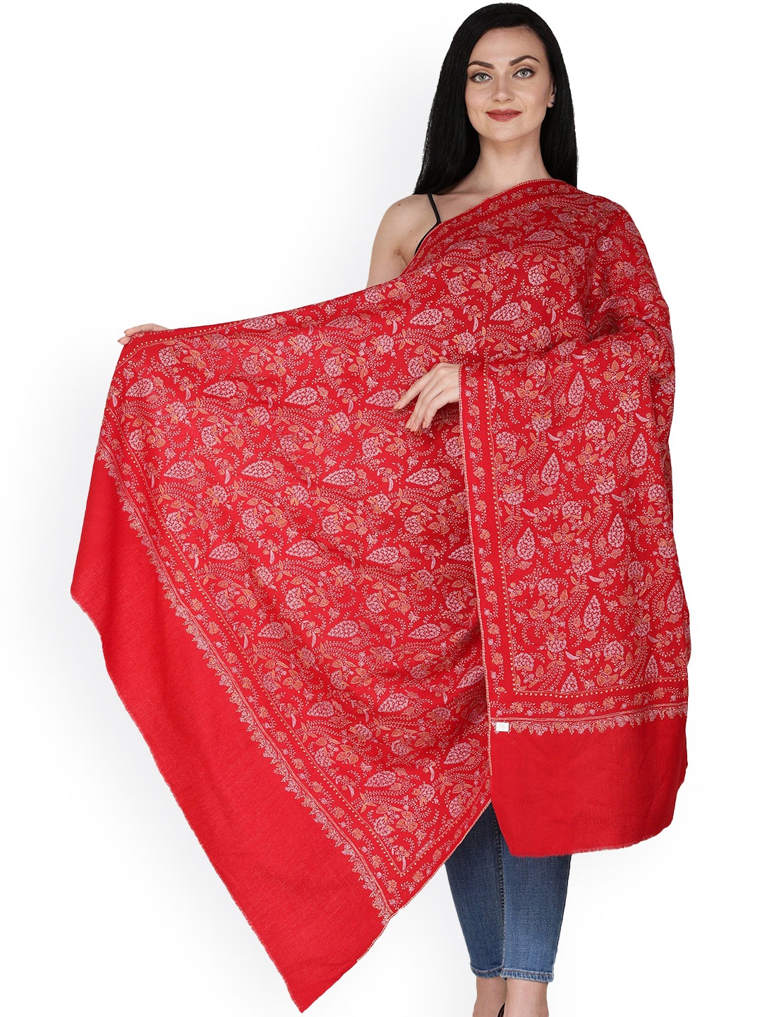 

Exotic India Women Floral Printed Shawl, Red