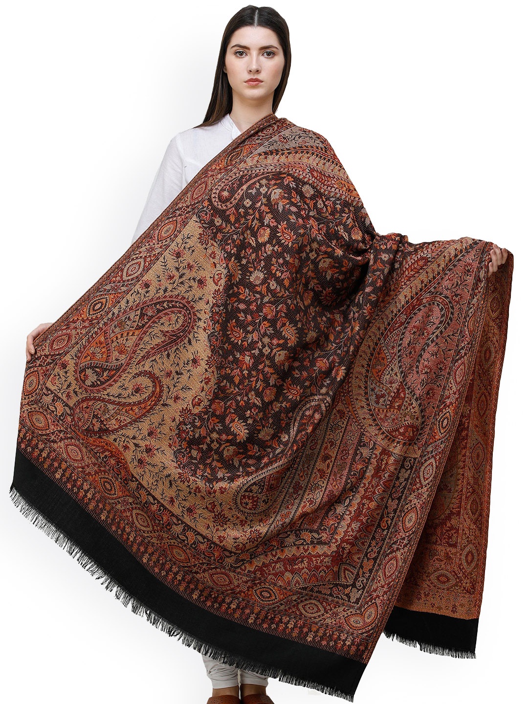 

Exotic India Caviar Black Reversible Jamawar Wool Shawl with Woven Paisleys