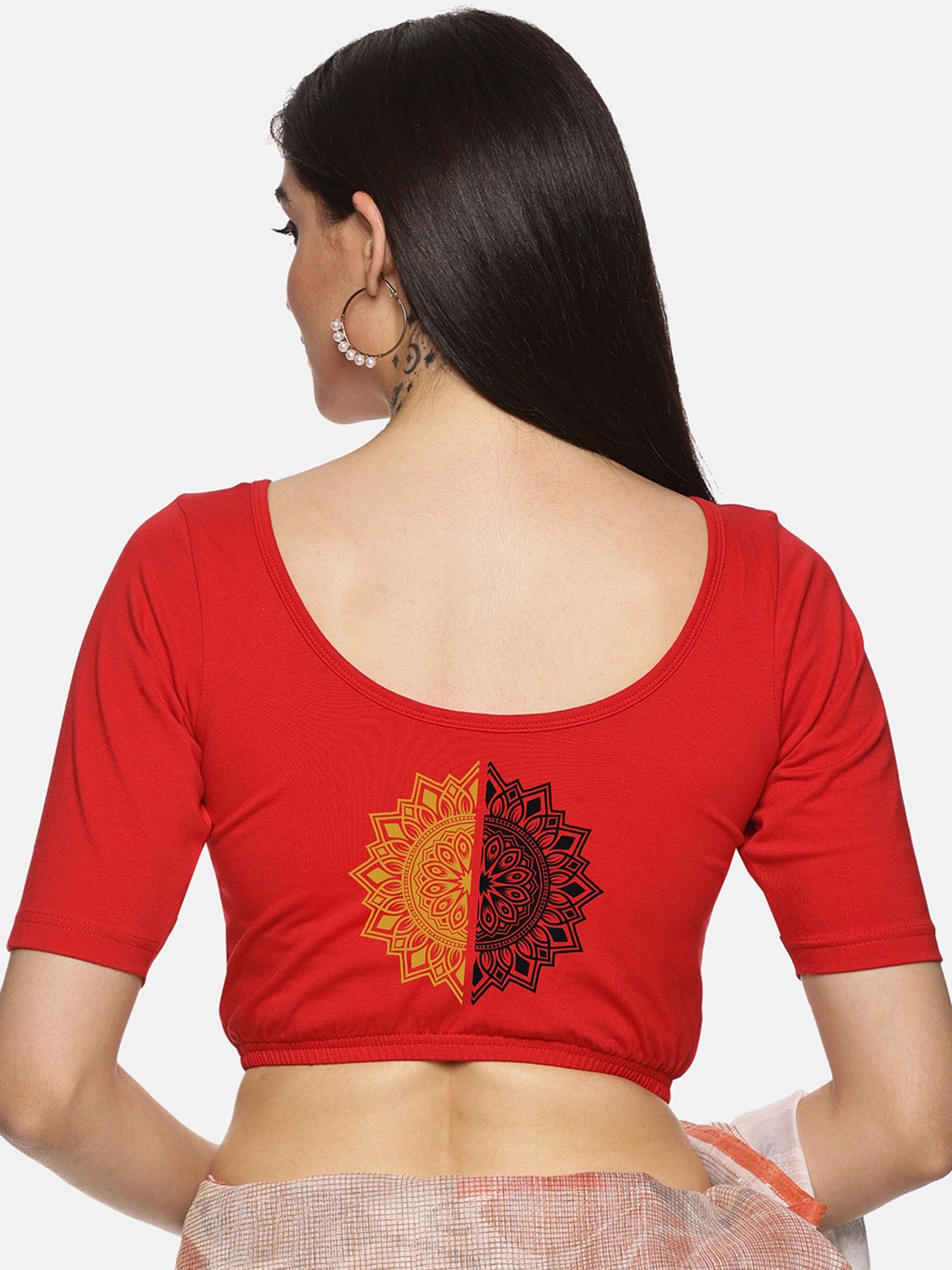 

NOT YET by us Round Neck Short Sleeves Printed Saree Blouse, Red