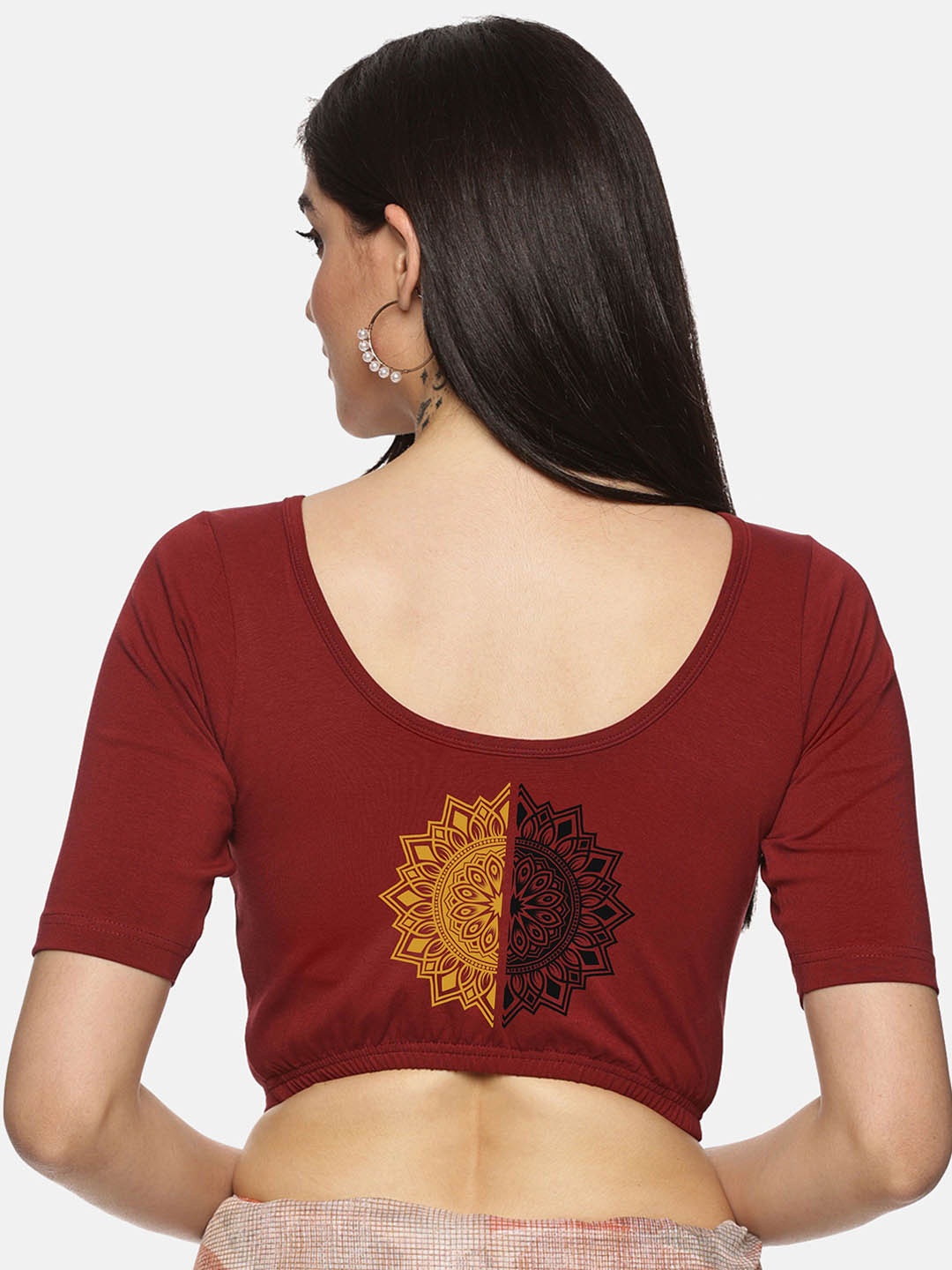 

NOT YET by us Printed Round Neck Short Sleeves Stretchable Saree Blouse, Maroon