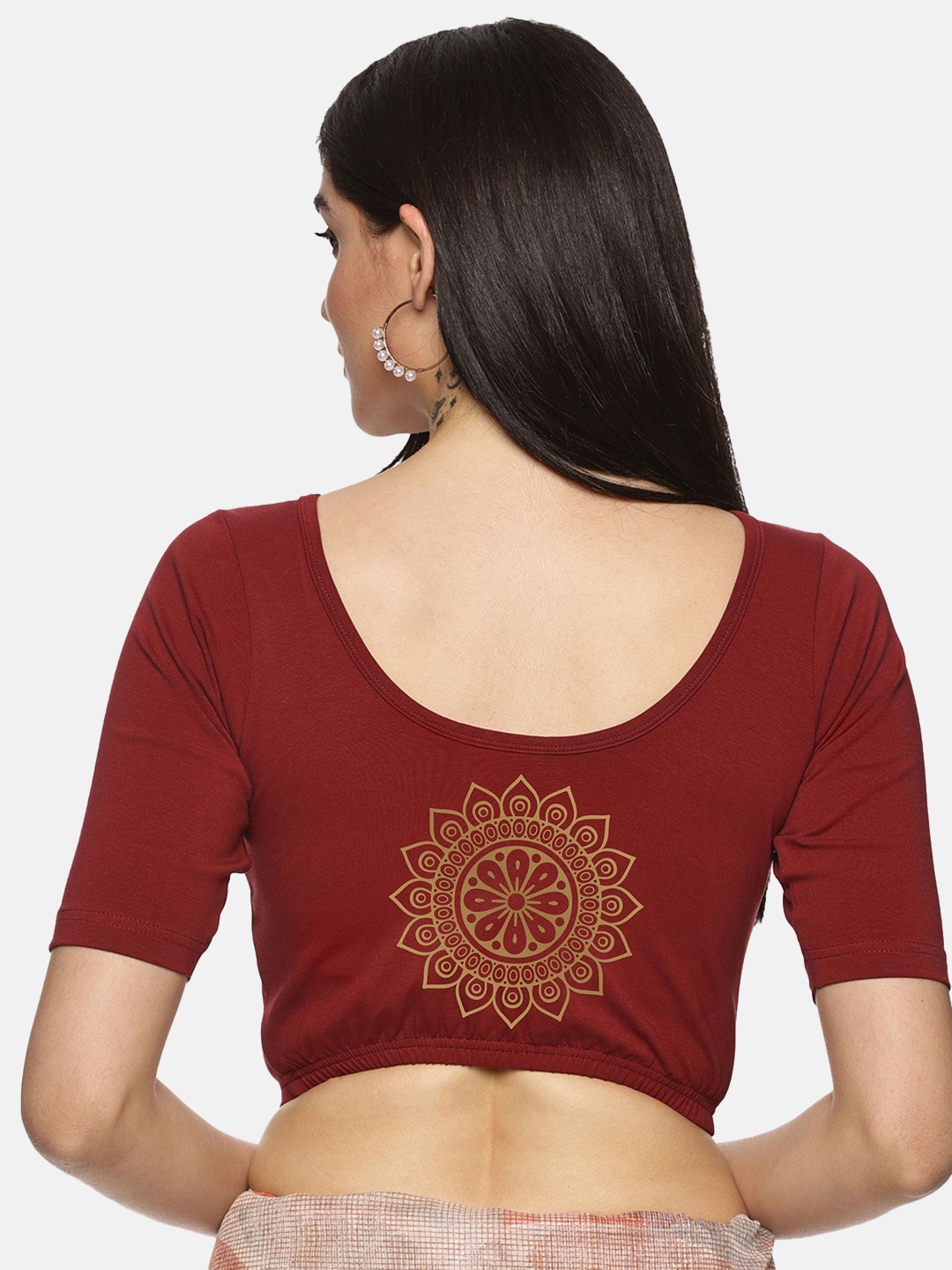 

NOT YET by us Plus Size Printed Round Neck Short Sleeves Stretchable Saree Blouse, Maroon