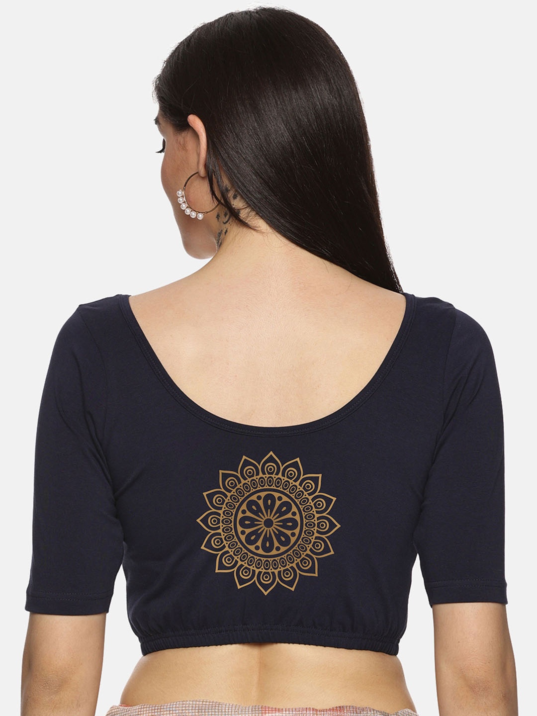 

NOT YET by us Plus Size Printed Round Neck Short Sleeves Stretchable Saree Blouse, Navy blue