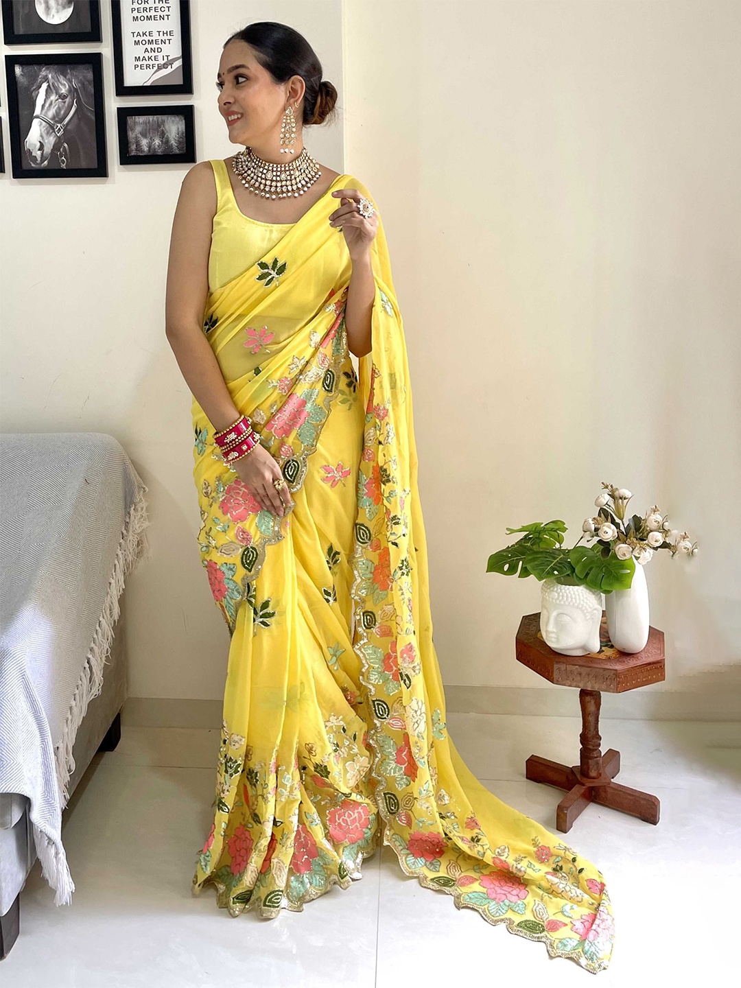 

Panzora Embroidery Floral Sequinned Saree, Yellow