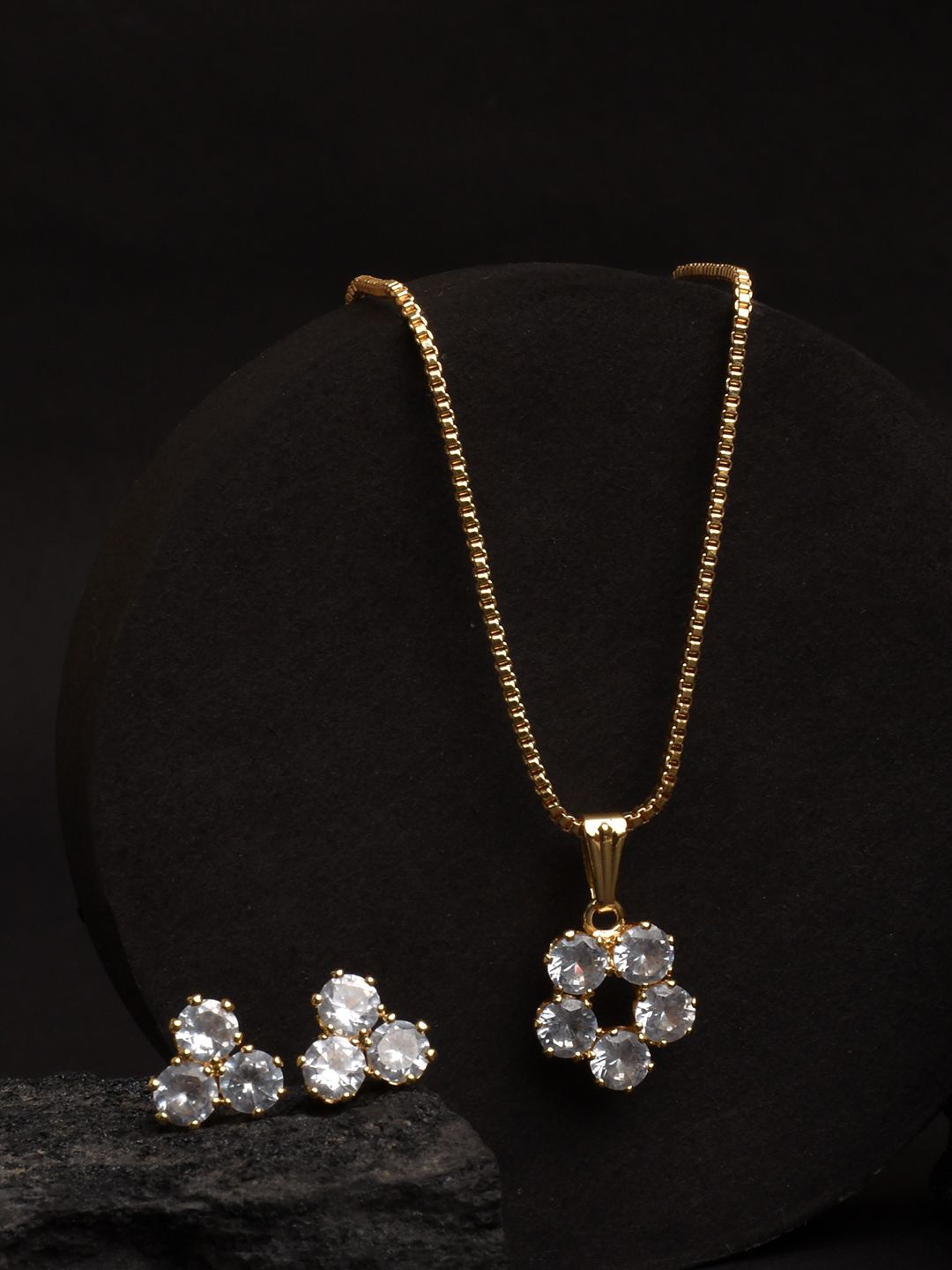 

XPNSV Gold Plated Sparkle American Diamond Studded Pendant Set