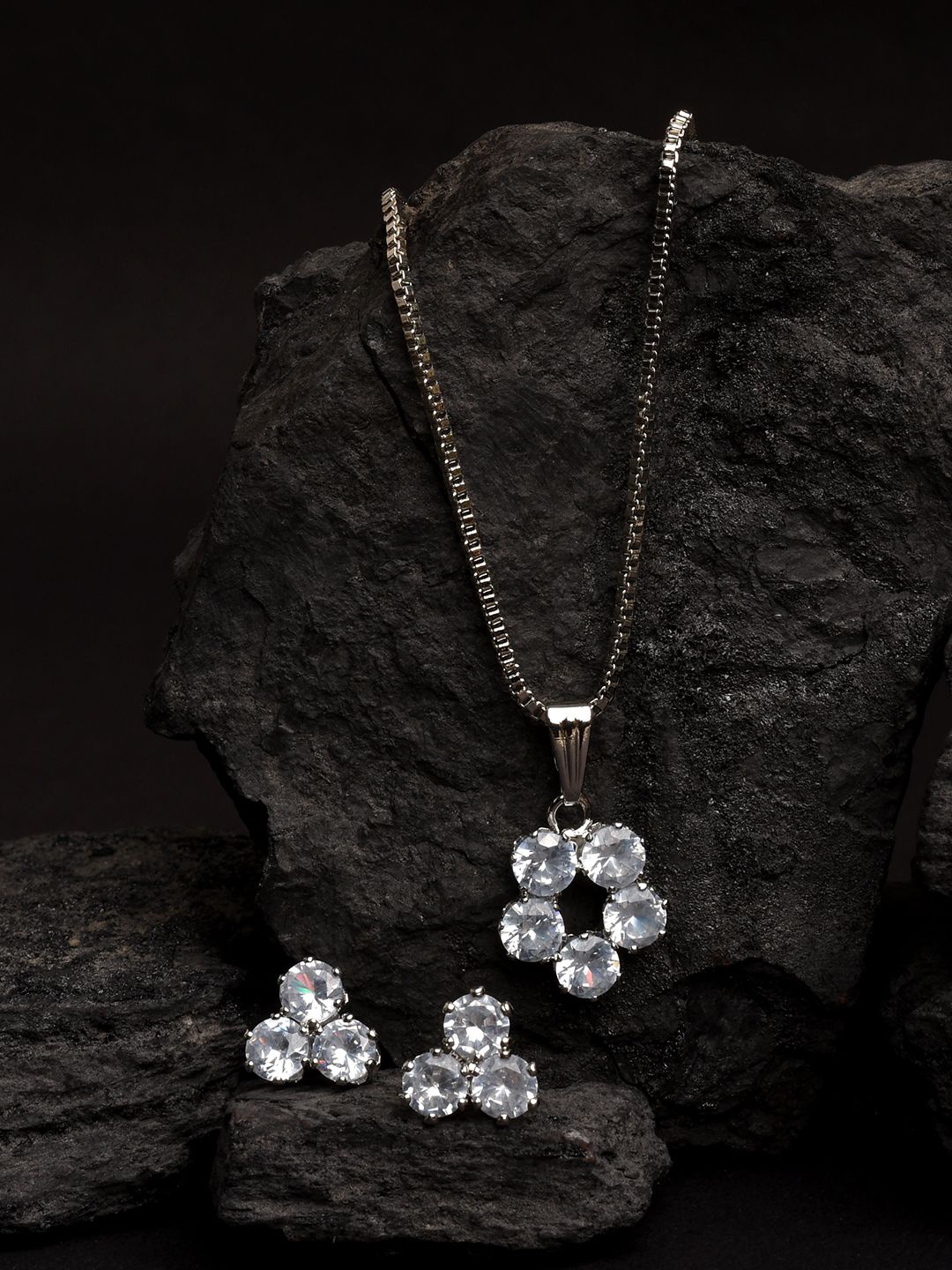 

XPNSV Silver-Plated American Diamond-Studded Jewellery Set
