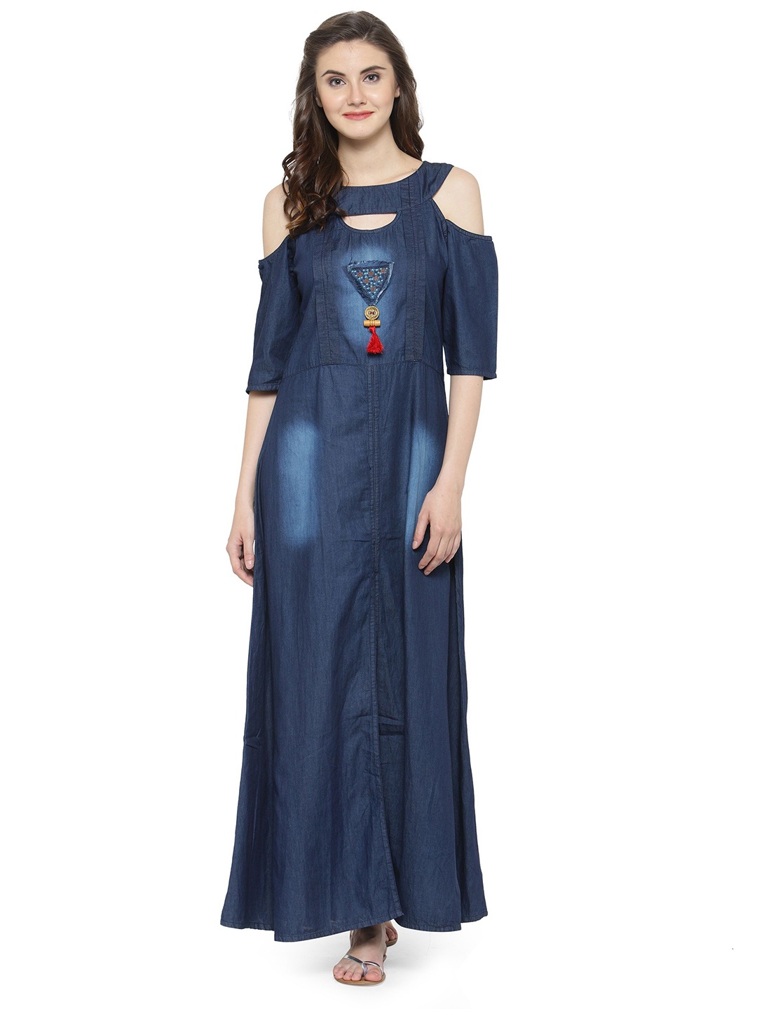 

KALINI Cold-Shoulder Sleeves Cotton Maxi Dresses, Blue