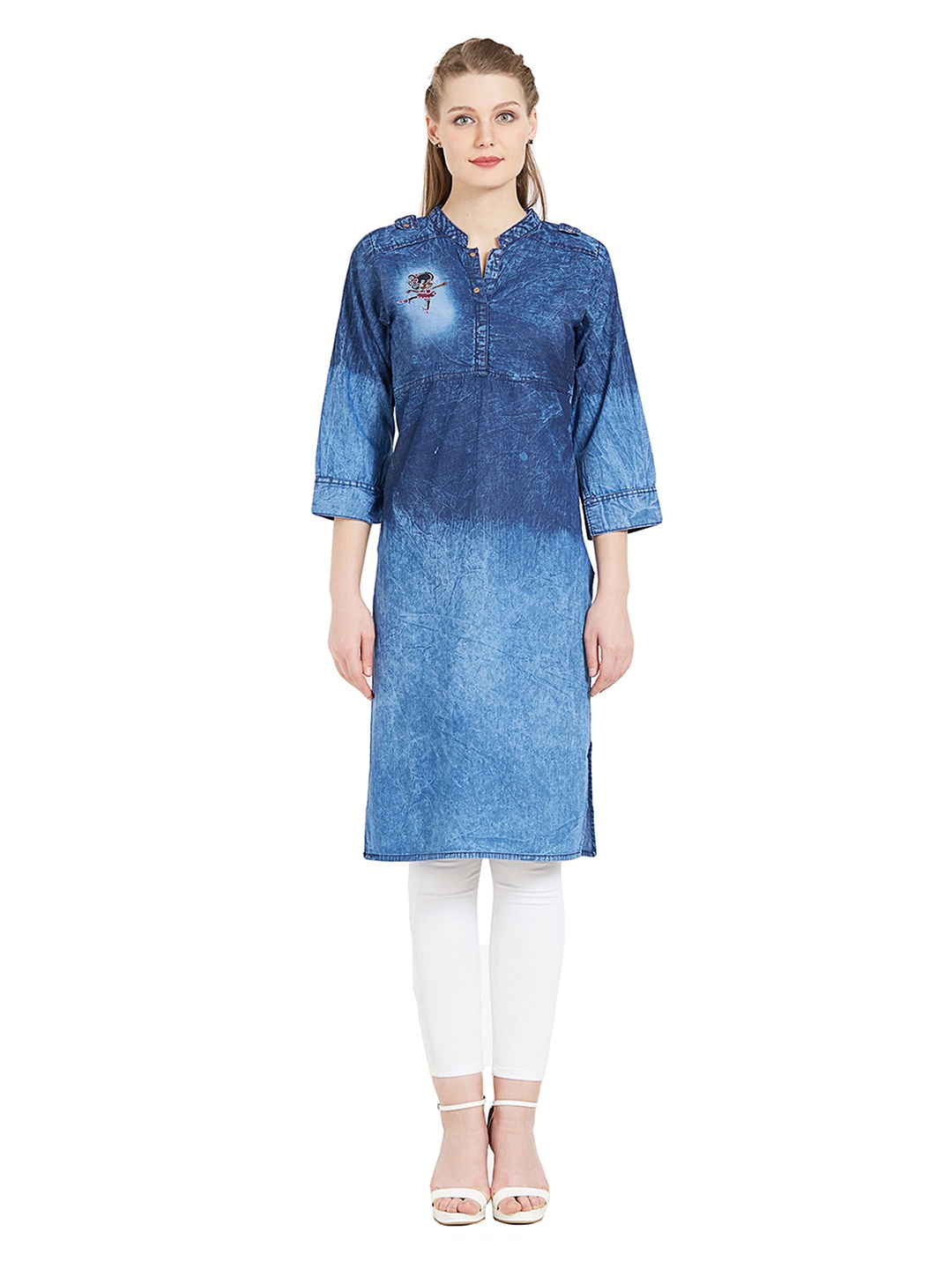 

KALINI Colourblocked Mandarin Collar Thread Work Straight Kurta, Blue