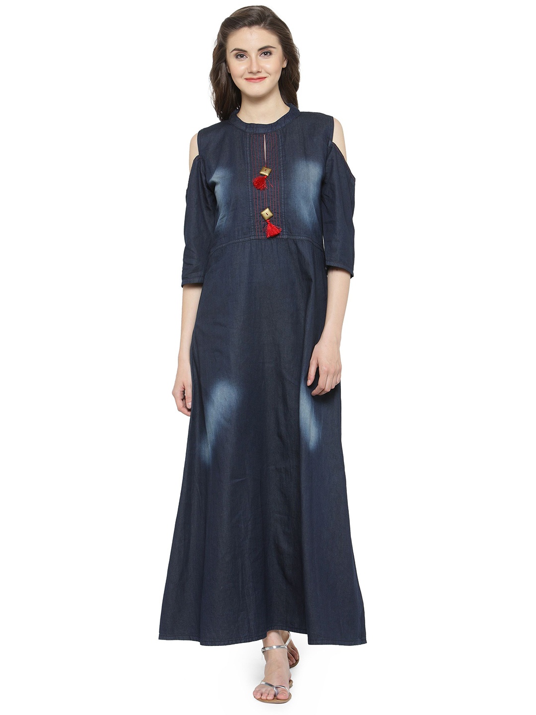 

KALINI Cold-Shoulder Sleeves Cotton Maxi Dresses, Navy blue