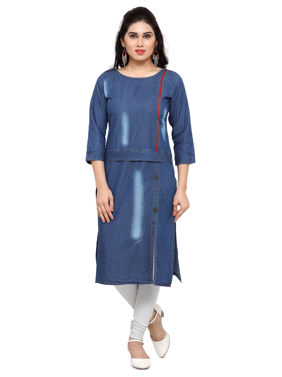 

KALINI Round Neck Three-Quarter Sleeves Straight Kurta, Blue