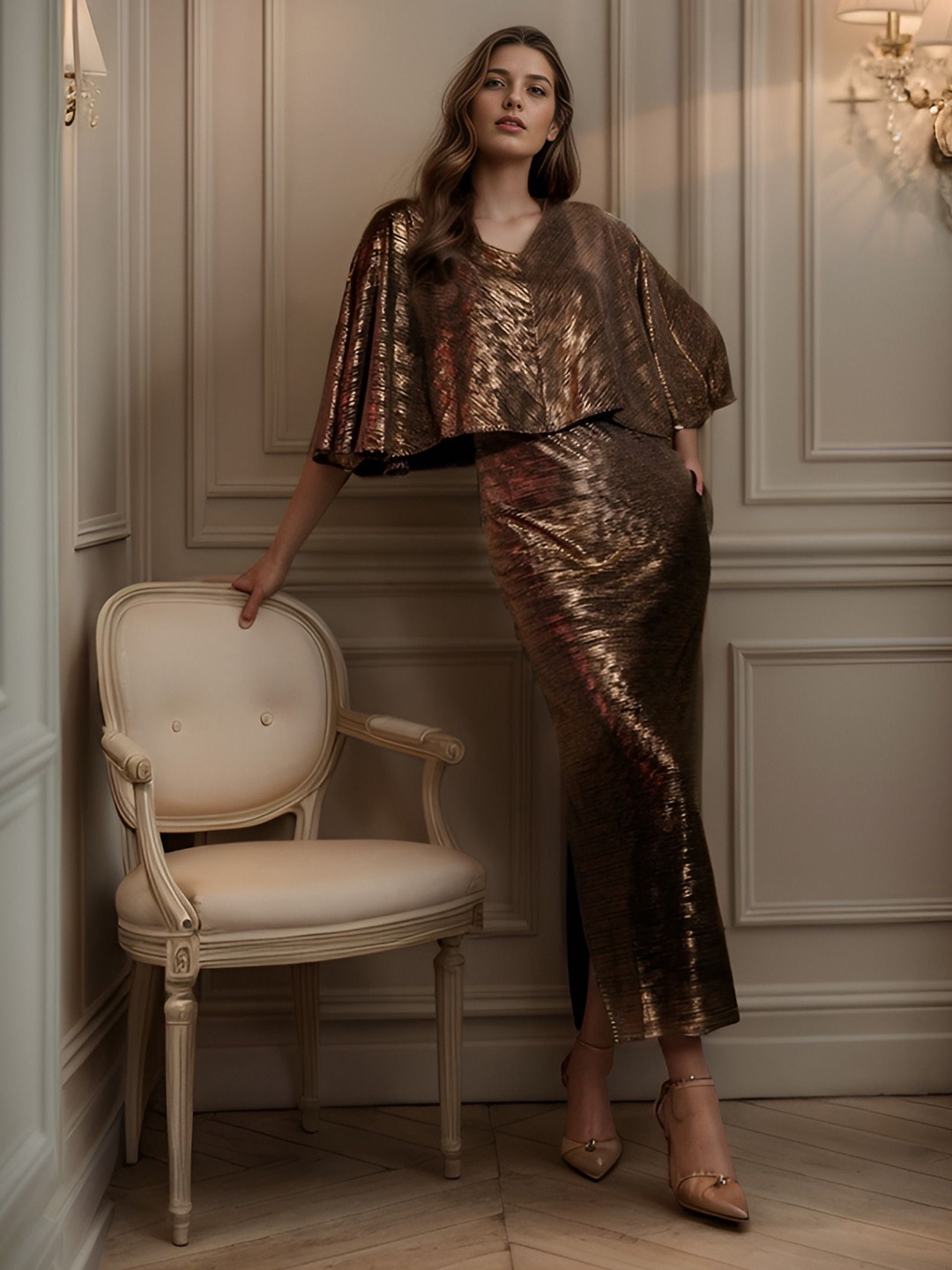 

BAESD V-Neck Satin Maxi Blouson Dress, Gold