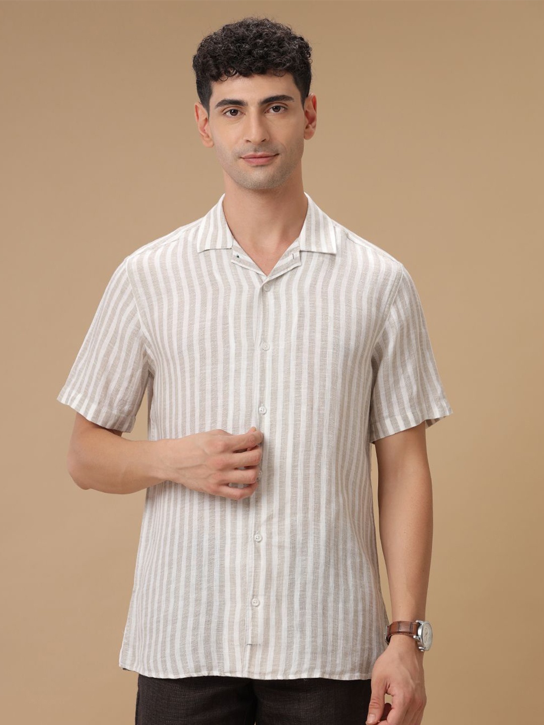 

Linen Club Contemporary Slim Fit Striped Linen Spread Collar Shirt, Beige