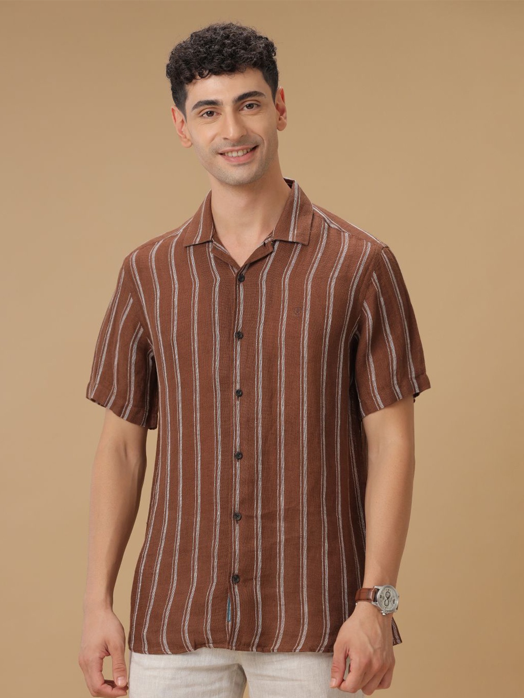 

Linen Club Contemporary Slim Fit Striped Pure Linen Casual Shirt, Brown