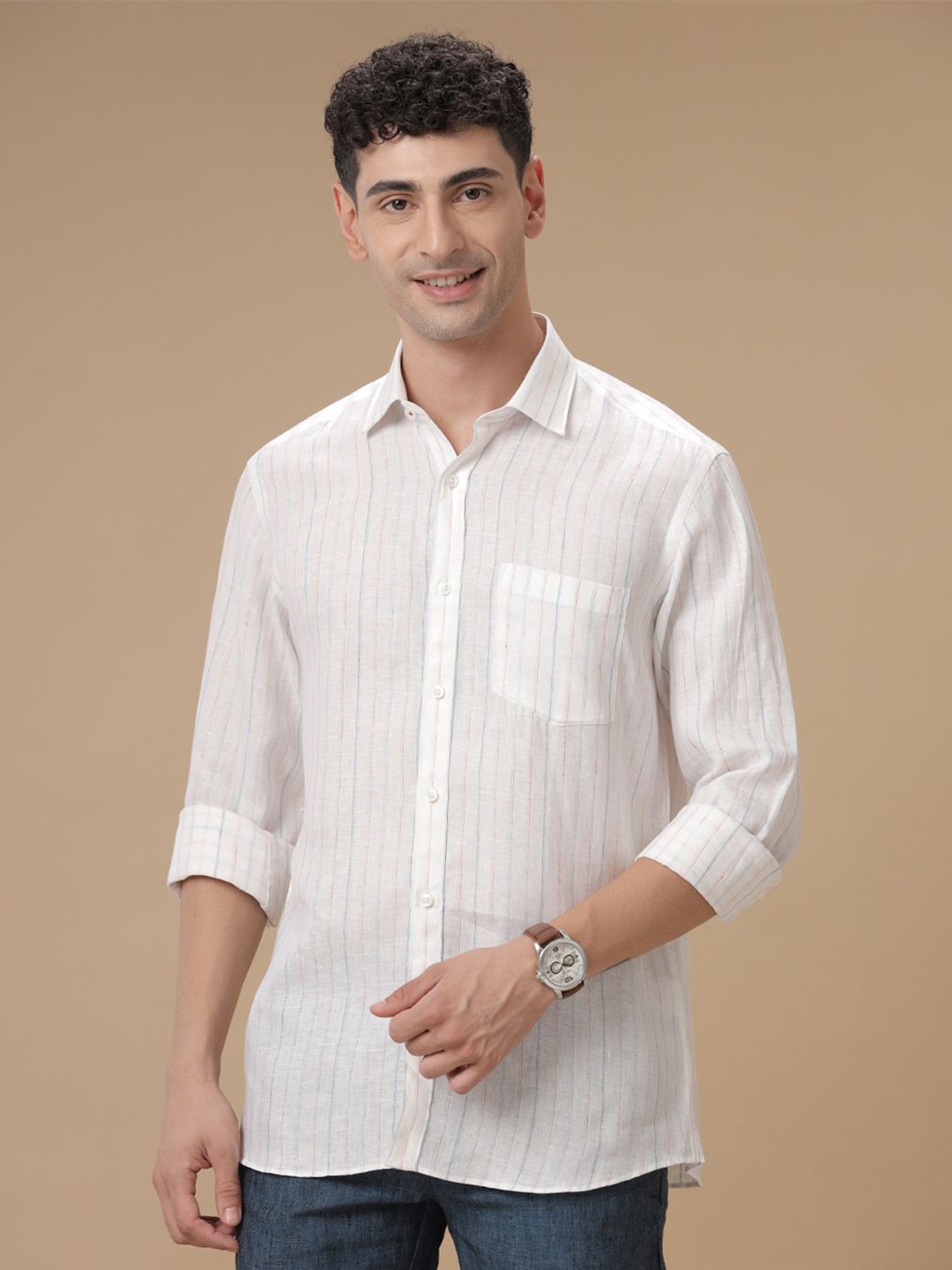 

Linen Club Contemporary Slim Fit Striped Linen Spread Collar Shirt, White