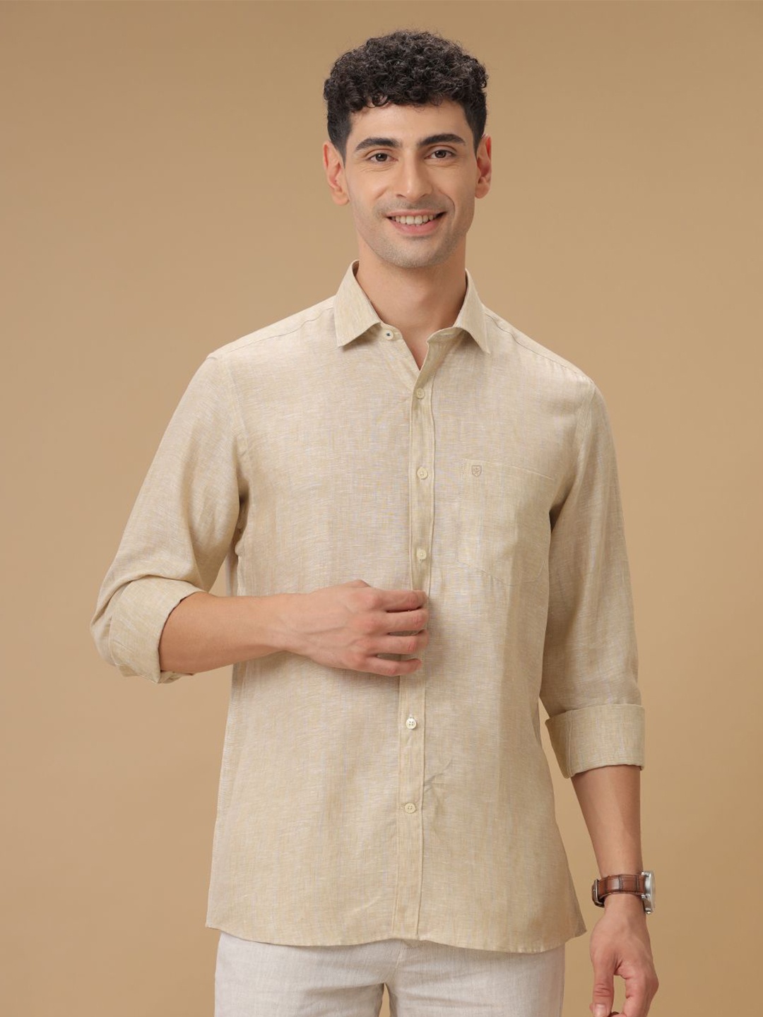 

Linen Club Contemporary Slim Fit Spread Collar Casual Shirt, Beige