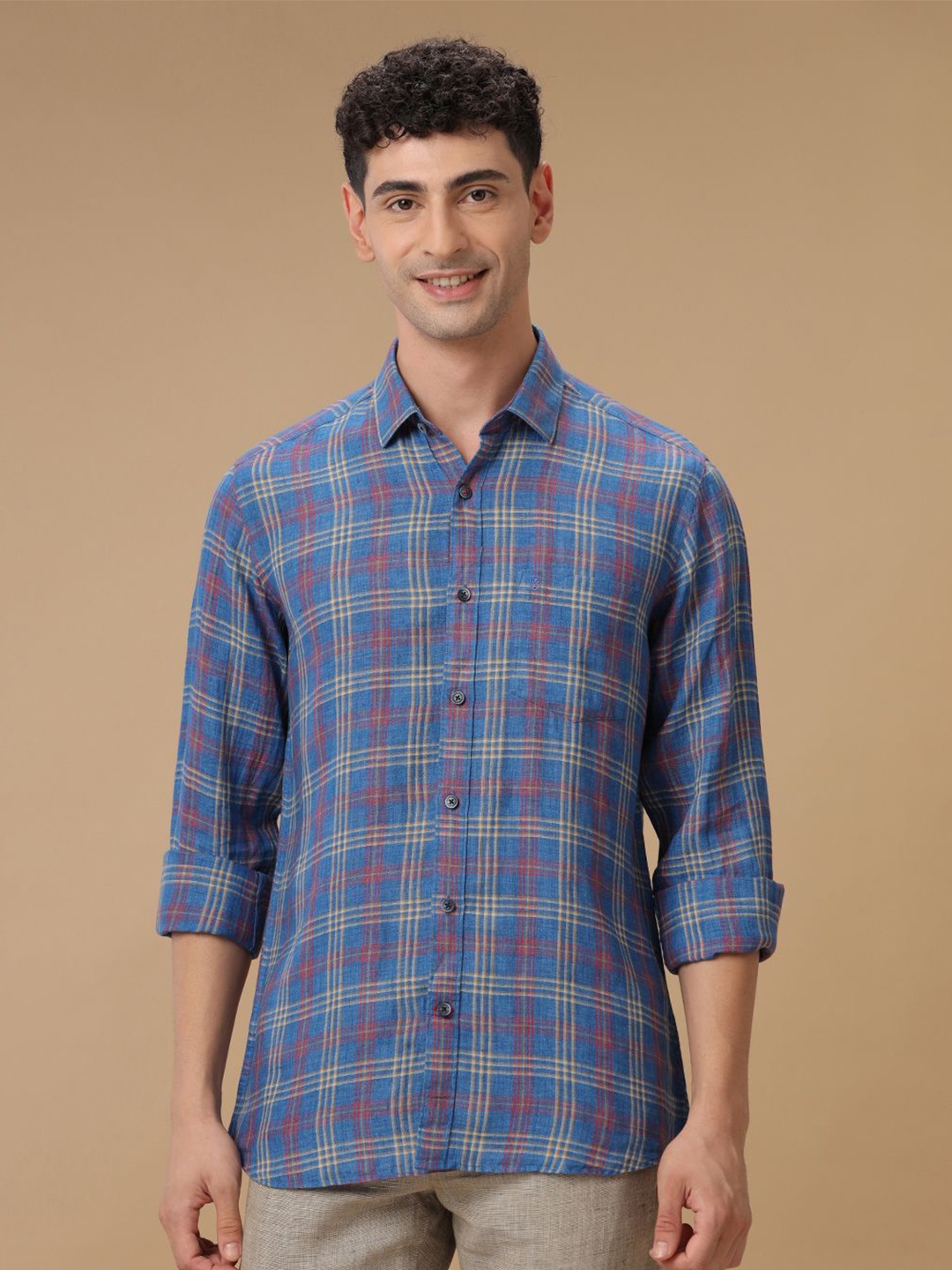 

Linen Club Contemporary Slim Fit Tartan Checks Casual Shirt, Pink