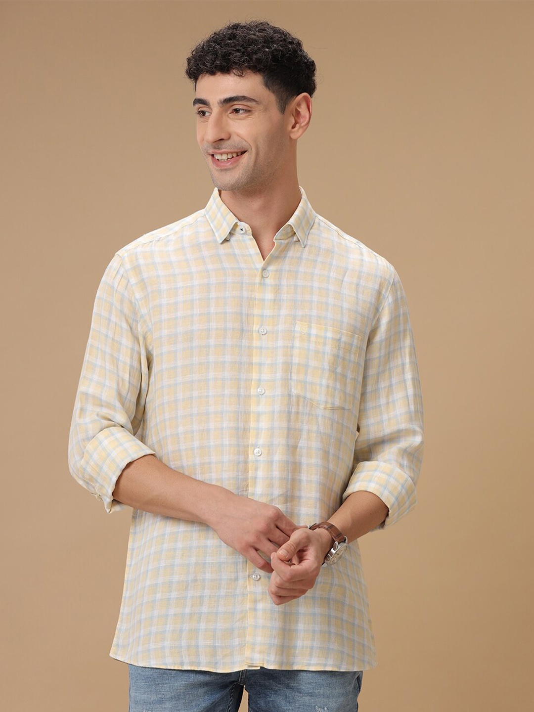 

Linen Club Checked Contemporary Slim Fit Pure Linen Casual Shirt, Yellow