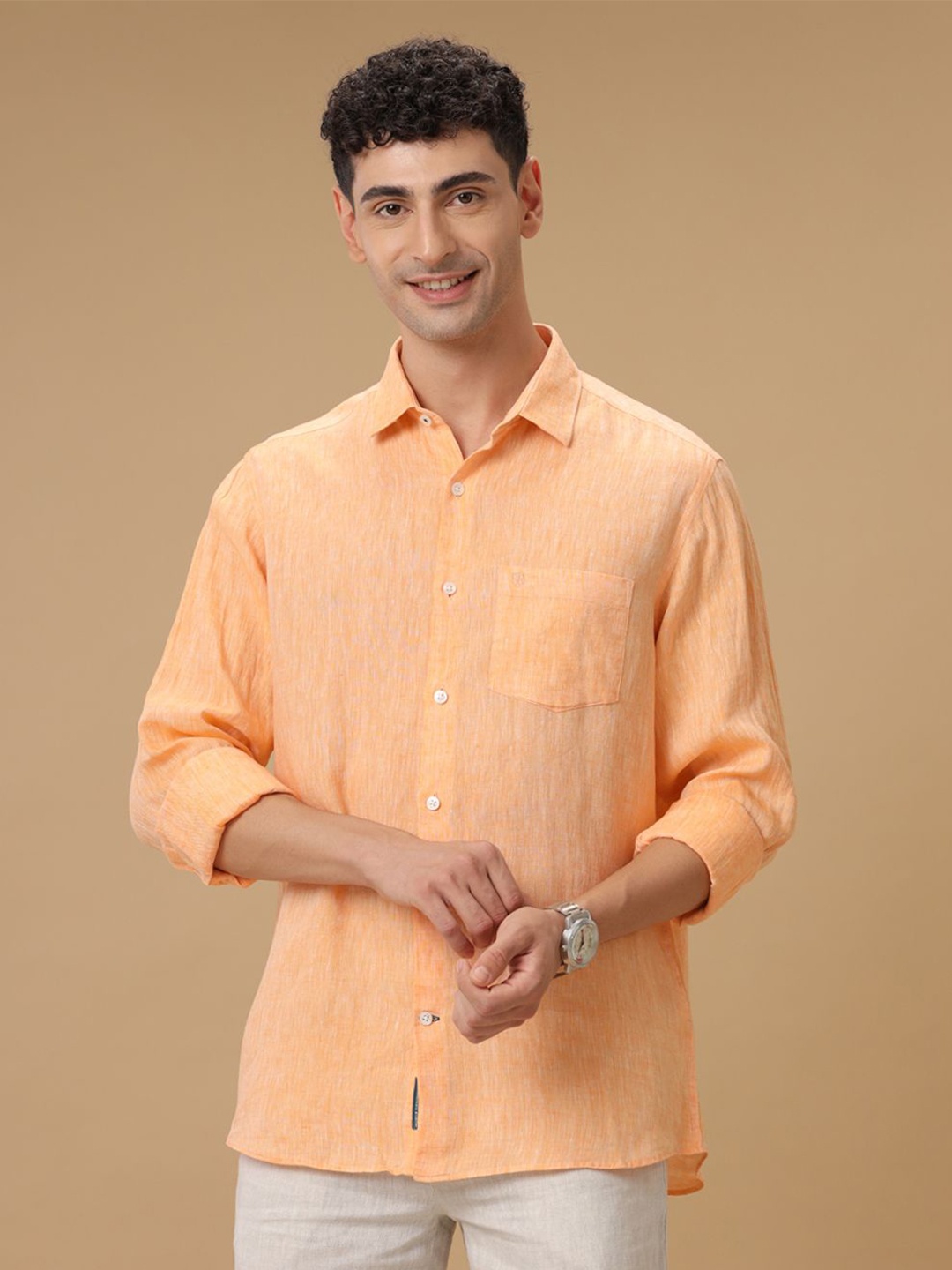 

Linen Club Contemporary Slim Fit Pure Linen Casual Shirt, Orange