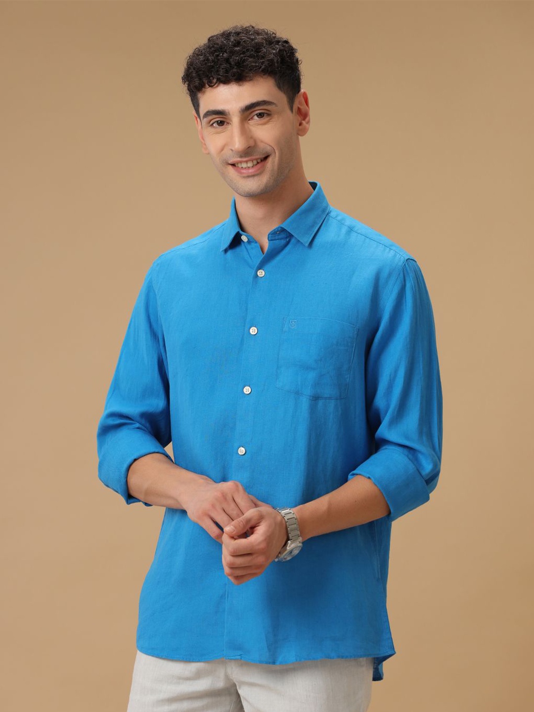 

Linen Club Contemporary Spread Collar Slim Fit Casual Shirt, Turquoise blue