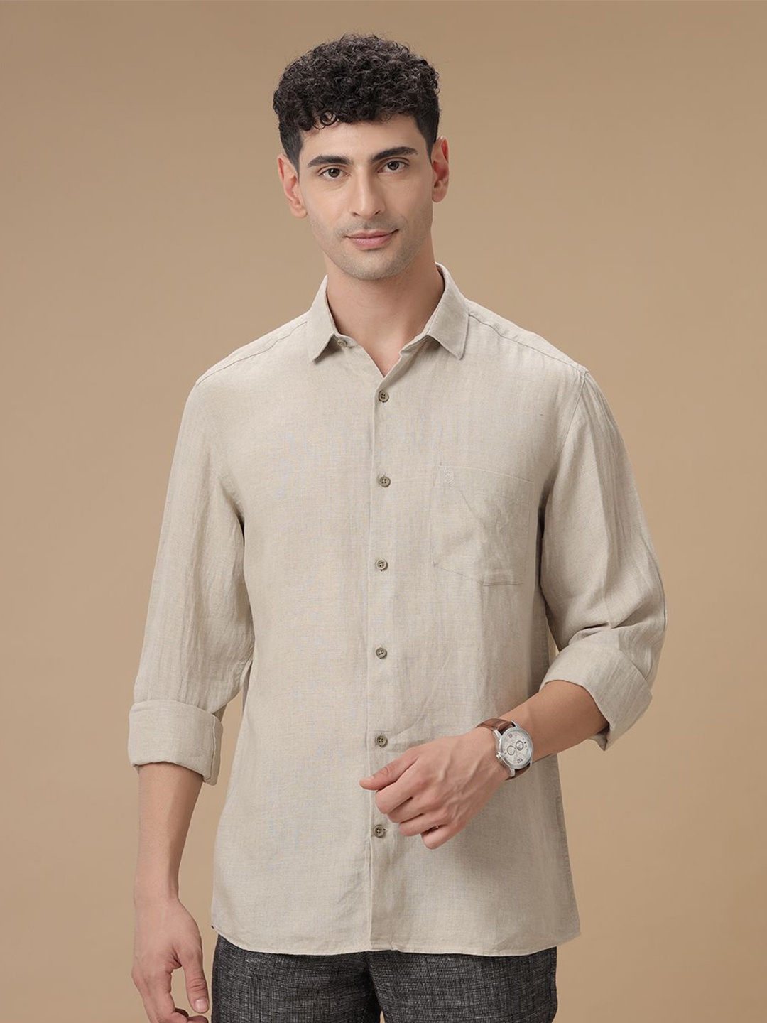 

Linen Club Contemporary Slim Fit Pure Linen Casual Shirt, Beige