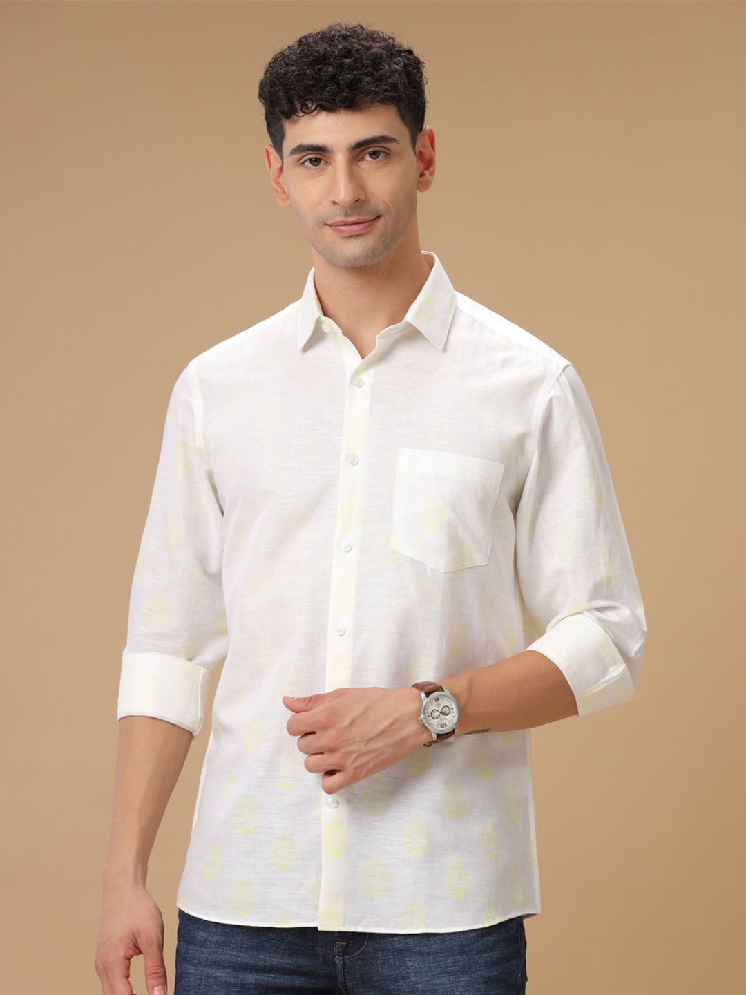 Linen Club Ethnic Motifs Printed Contemporary Slim Fit Pure Linen Casual Shirt, Yellow