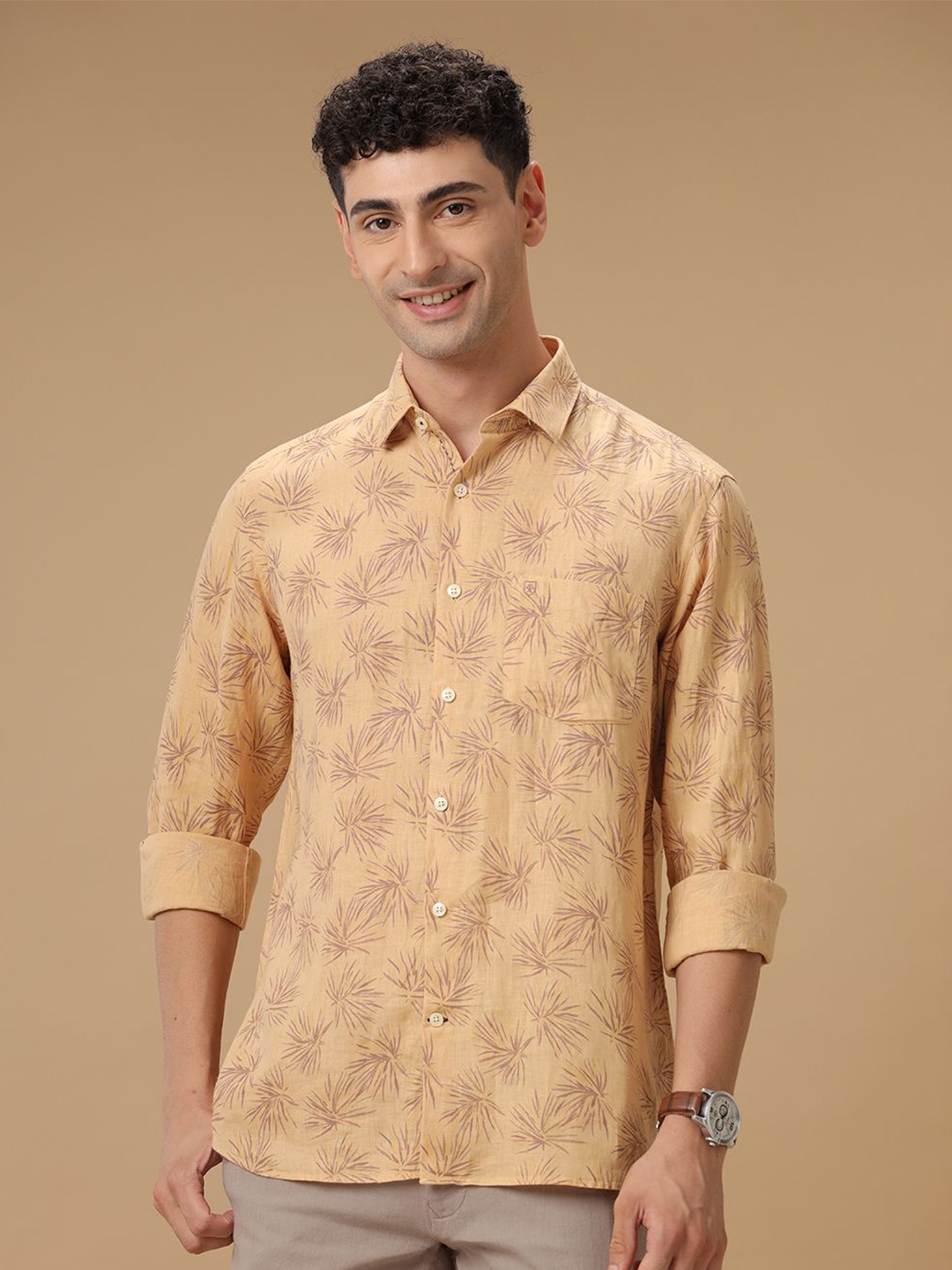

Linen Club Contemporary Floral Printed Slim Fit Pure Linen Casual Shirt, Yellow