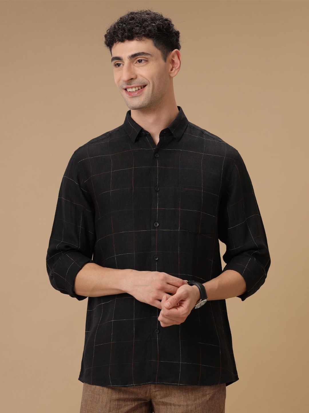 

Linen Club Contemporary Slim Fit Windowpane Checks Pure Linen Casual Shirt, Black