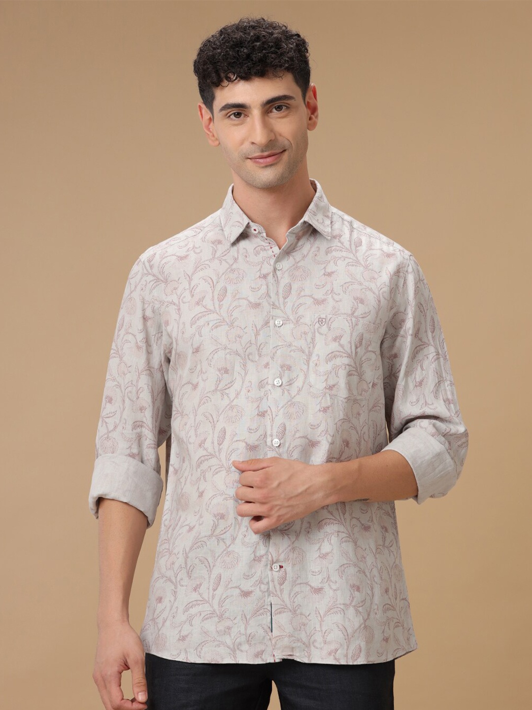 Linen Club Floral Printed Contemporary Slim Fit Casual Shirt, Grey