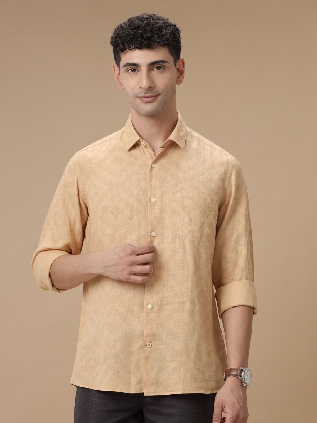 

Linen Club Contemporary Slim Fit Floral Printed Pure Linen Spread Collar Shirt, Yellow