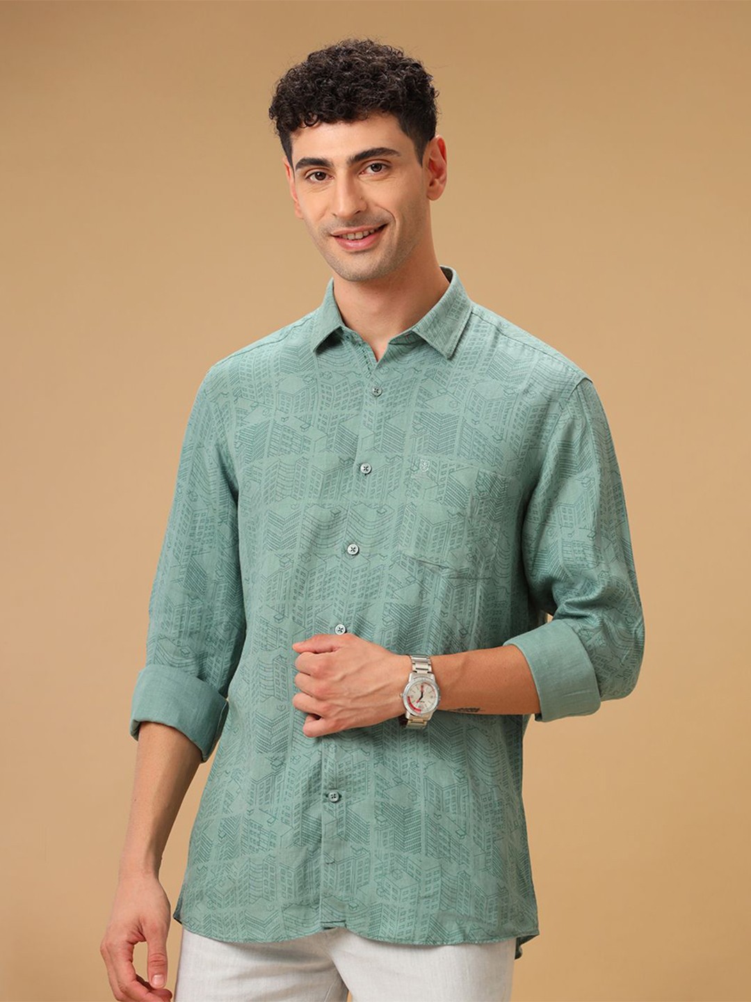 

Linen Club Contemporary Slim Fit Checked Linen Spread Collar Shirt, Green