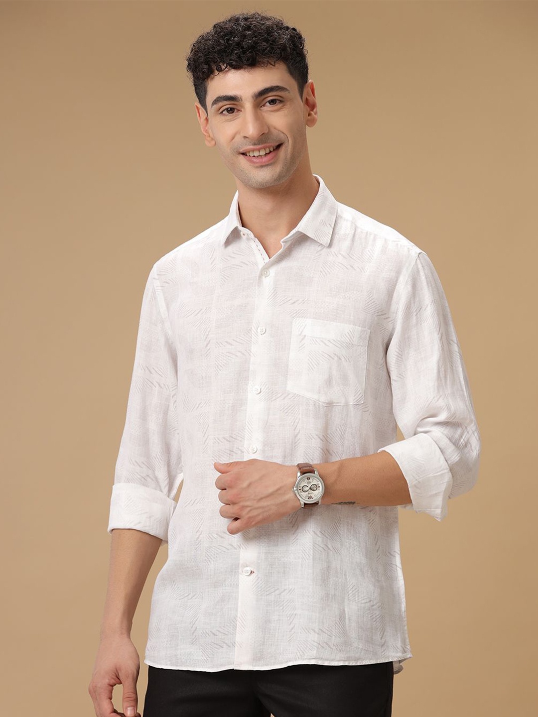 

Linen Club Contemporary Slim Fit Abstract Printed Linen Spread Collar Shirt, White