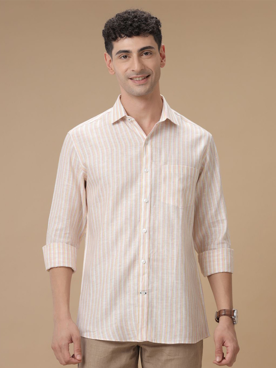 

Linen Club Striped Contemporary Slim Fit Pure Linen Casual Shirt, Pink