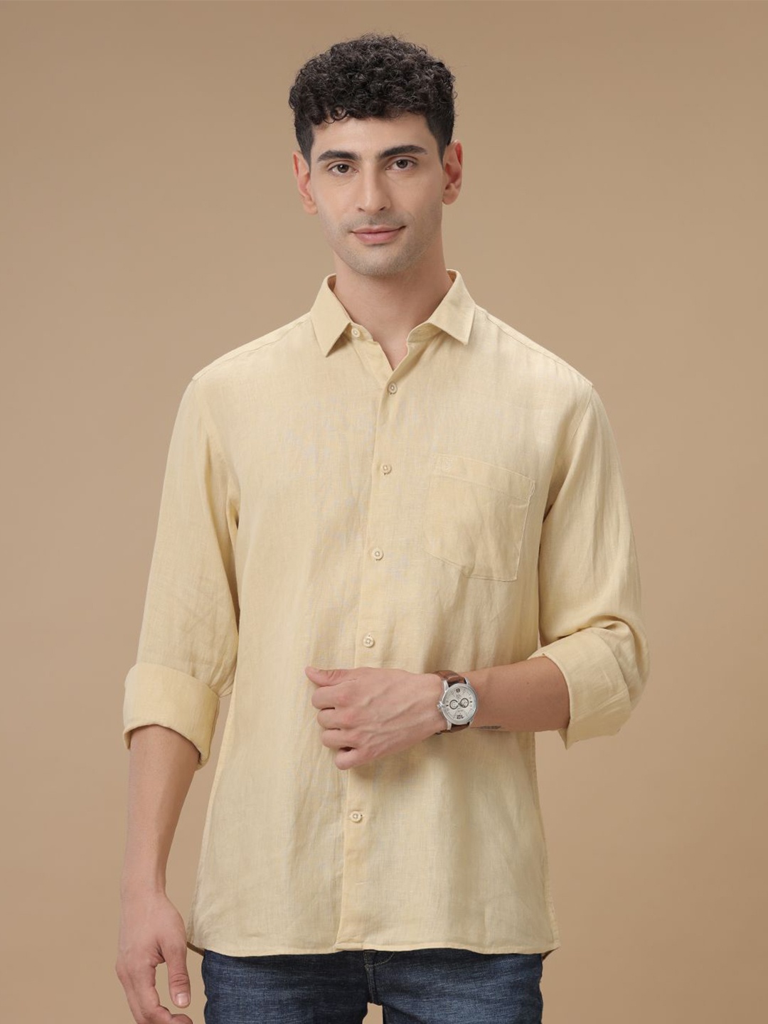 

Linen Club Contemporary Slim Fit Pure Linen Casual Shirt, Yellow