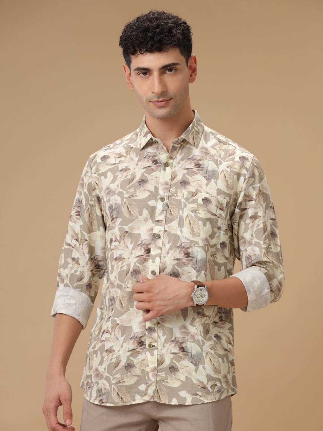 

Linen Club Floral Printed Contemporary Pure Linen Slim Fit Casual Shirt, Beige