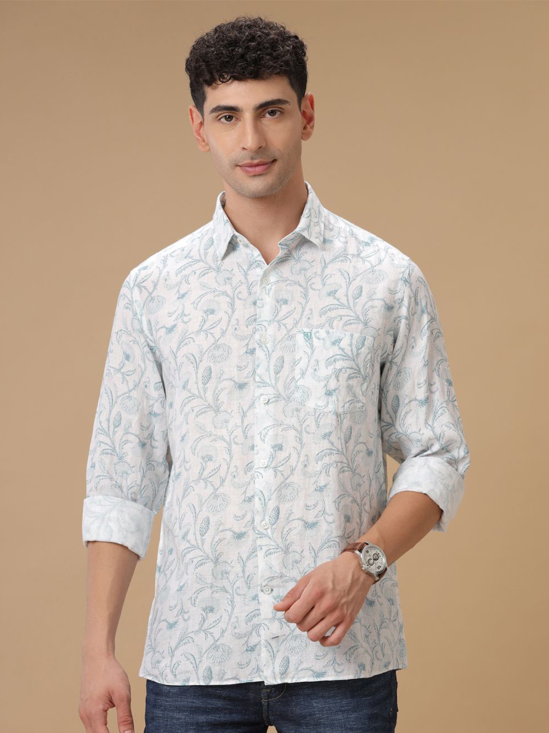 

Linen Club Contemporary Slim Fit Floral Printed Linen Spread Collar Shirt, Blue