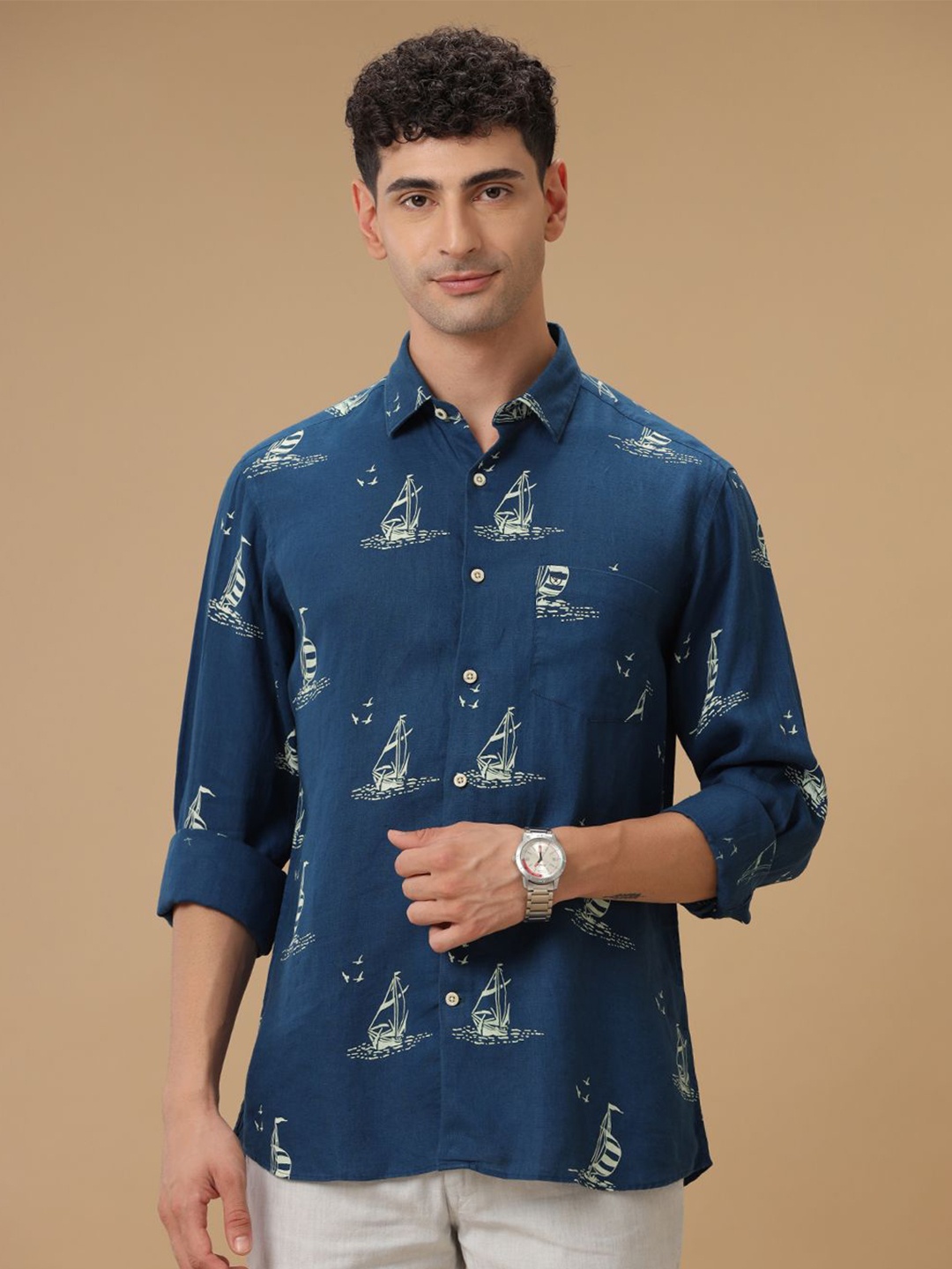

Linen Club Printed Contemporary Slim Fit Pure Linen Casual Shirt, Blue