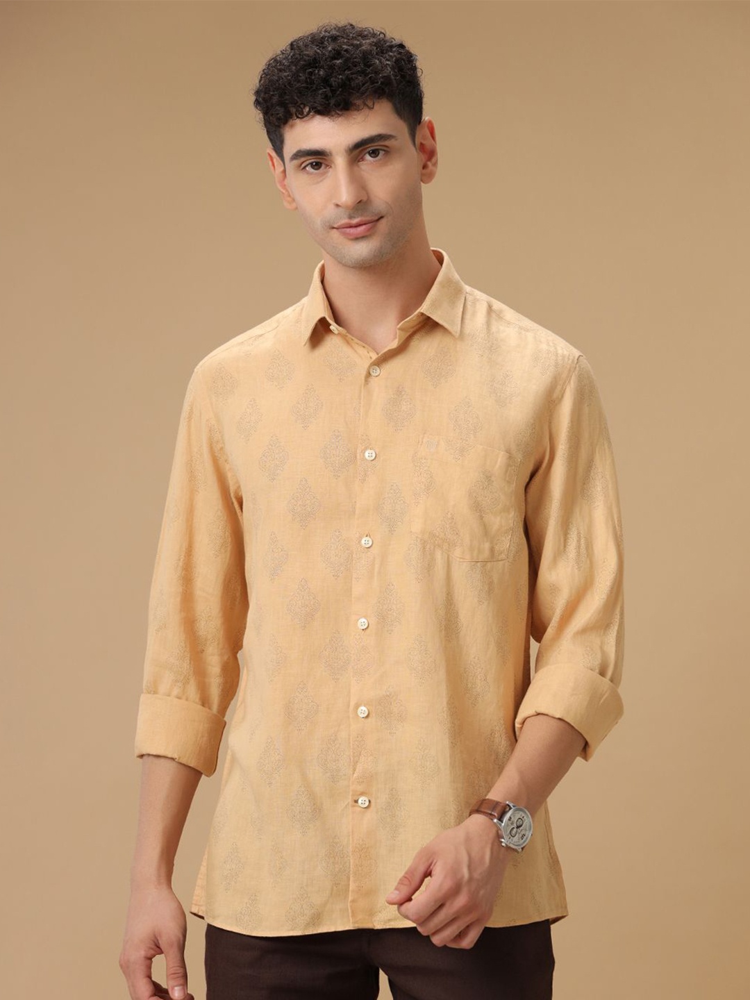 Linen Club Contemporary Slim Fit Floral Printed Casual Shirt, Yellow