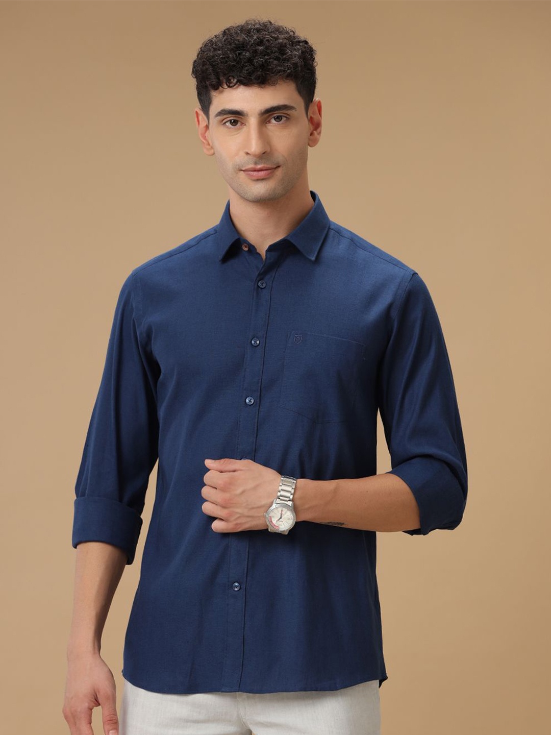 

Linen Club Contemporary Slim Fit Strechable Linen Spread Collar Shirt, Blue