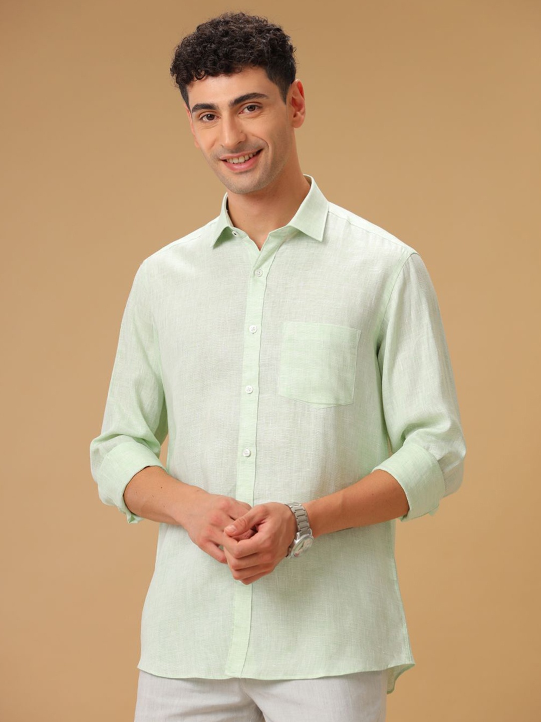 

Linen Club Contemporary Slim Fit Pure Linen Casual Shirt, Green