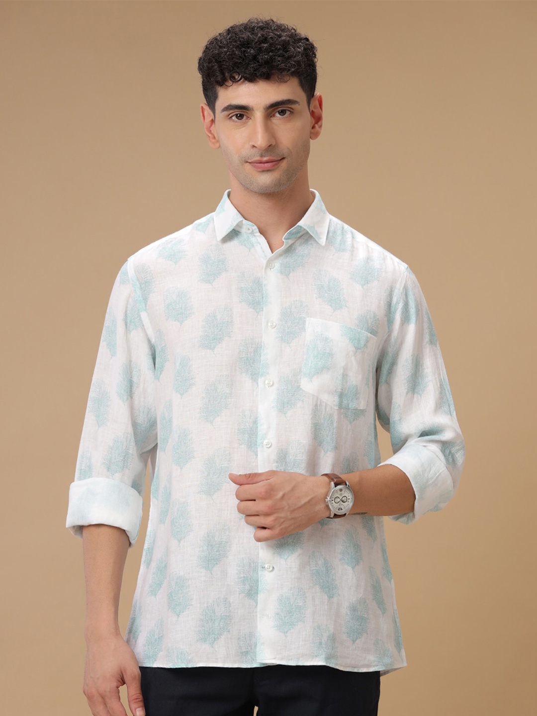 

Linen Club Floral Printed Contemporary Slim Fit Pure Linen Casual Shirt, Blue