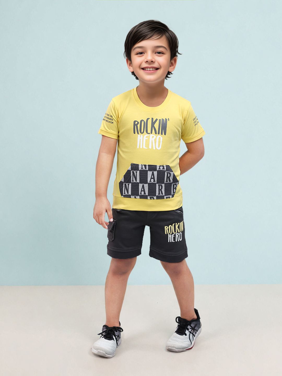 Toonyport Boys Round Neck Printed Pure Cotton T-shirt with Shorts, Yellow