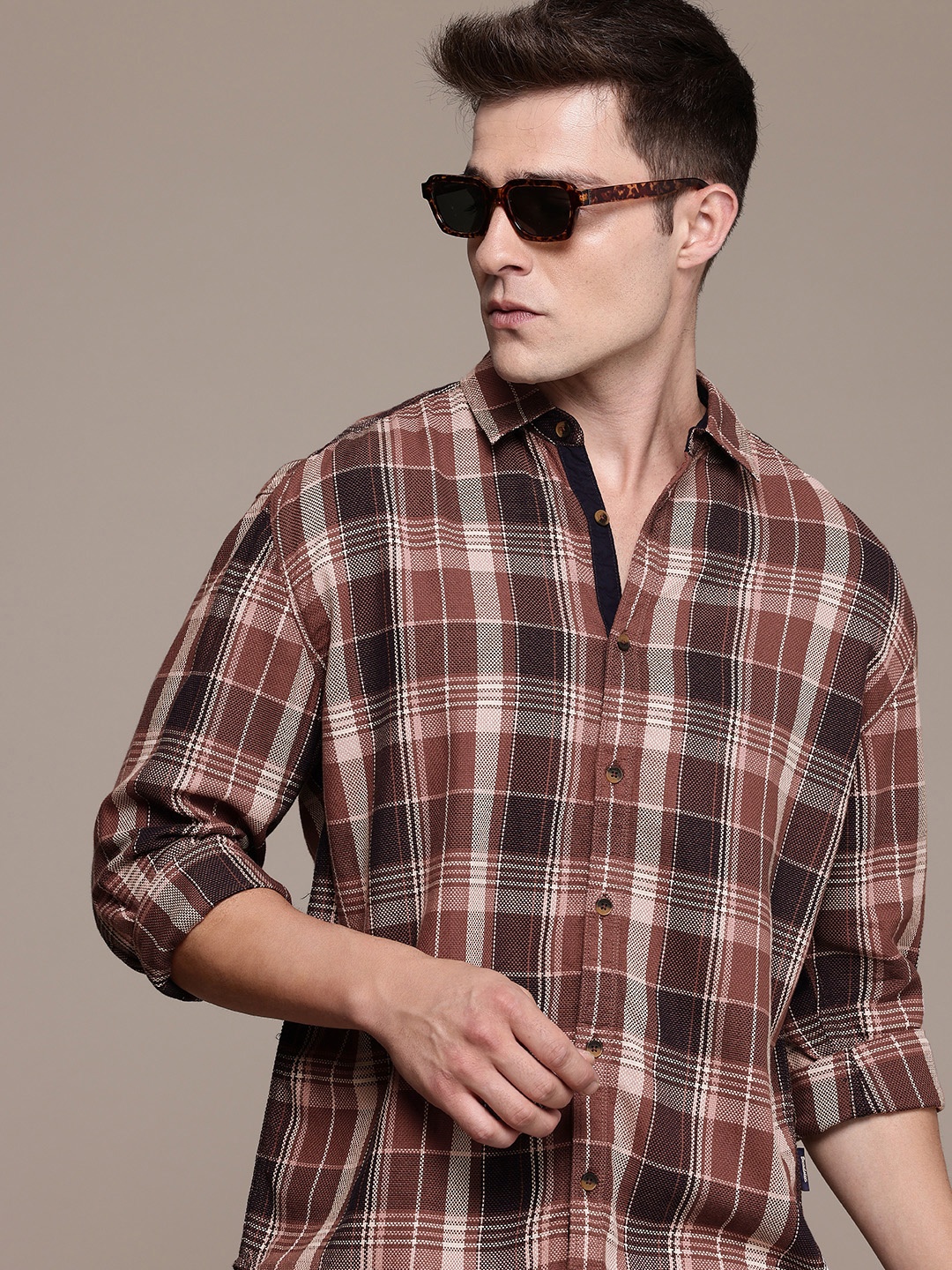 

The Roadster Life Co. Pure Cotton Checked Drop-Shoulder Sleeves Relaxed Fit Casual Shirt, Brown