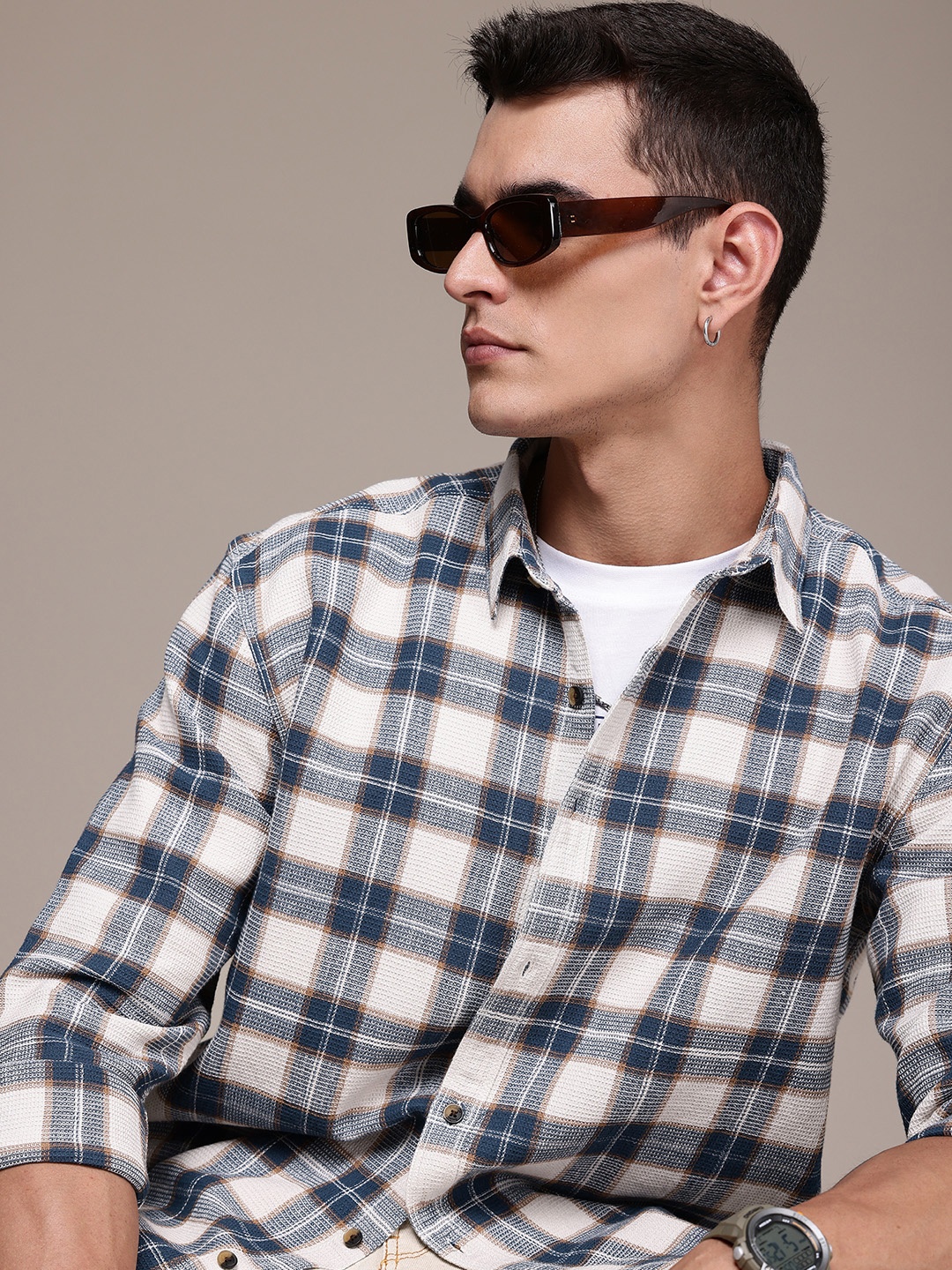 

The Roadster Lifestyle Co. Textured Checked Pure Cotton Oversized Casual Shirt, Off white