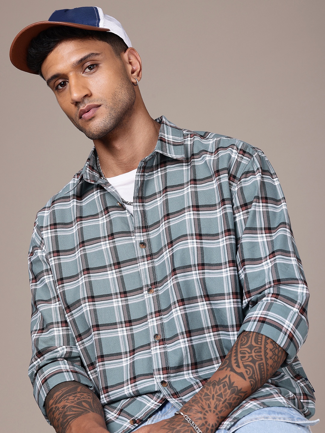 

Roadster Men Checked Oversized Pure Cotton Casual Shirt, Green