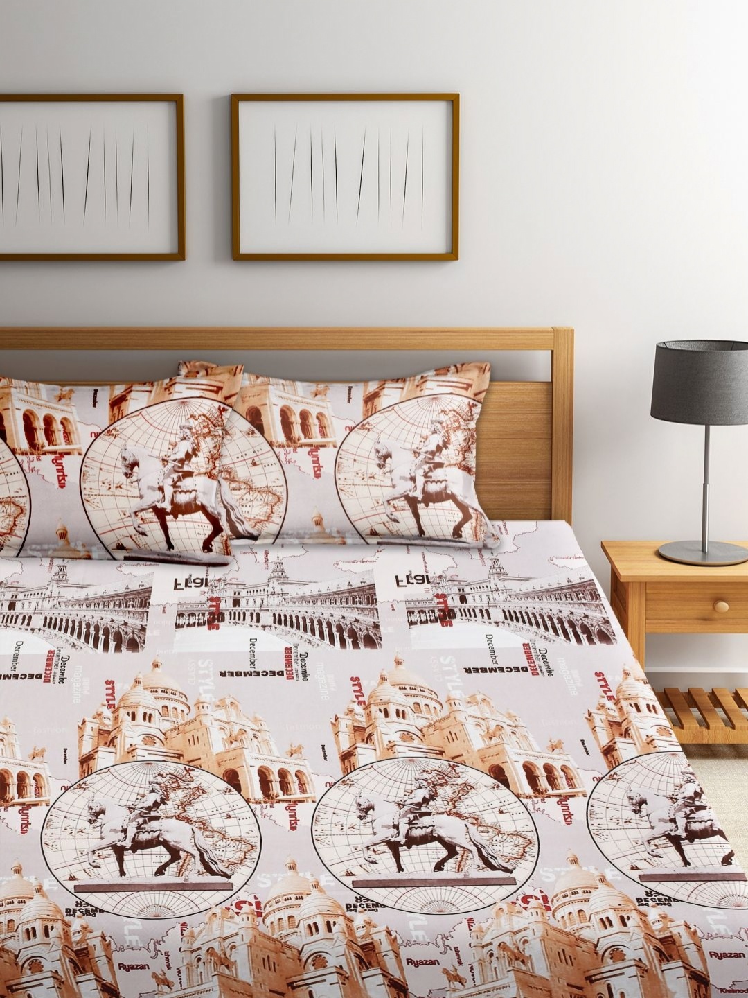 

RAGO Brown & Grey Conversational Printed 210 TC Queen Bedsheet With 2 Pillow Covers