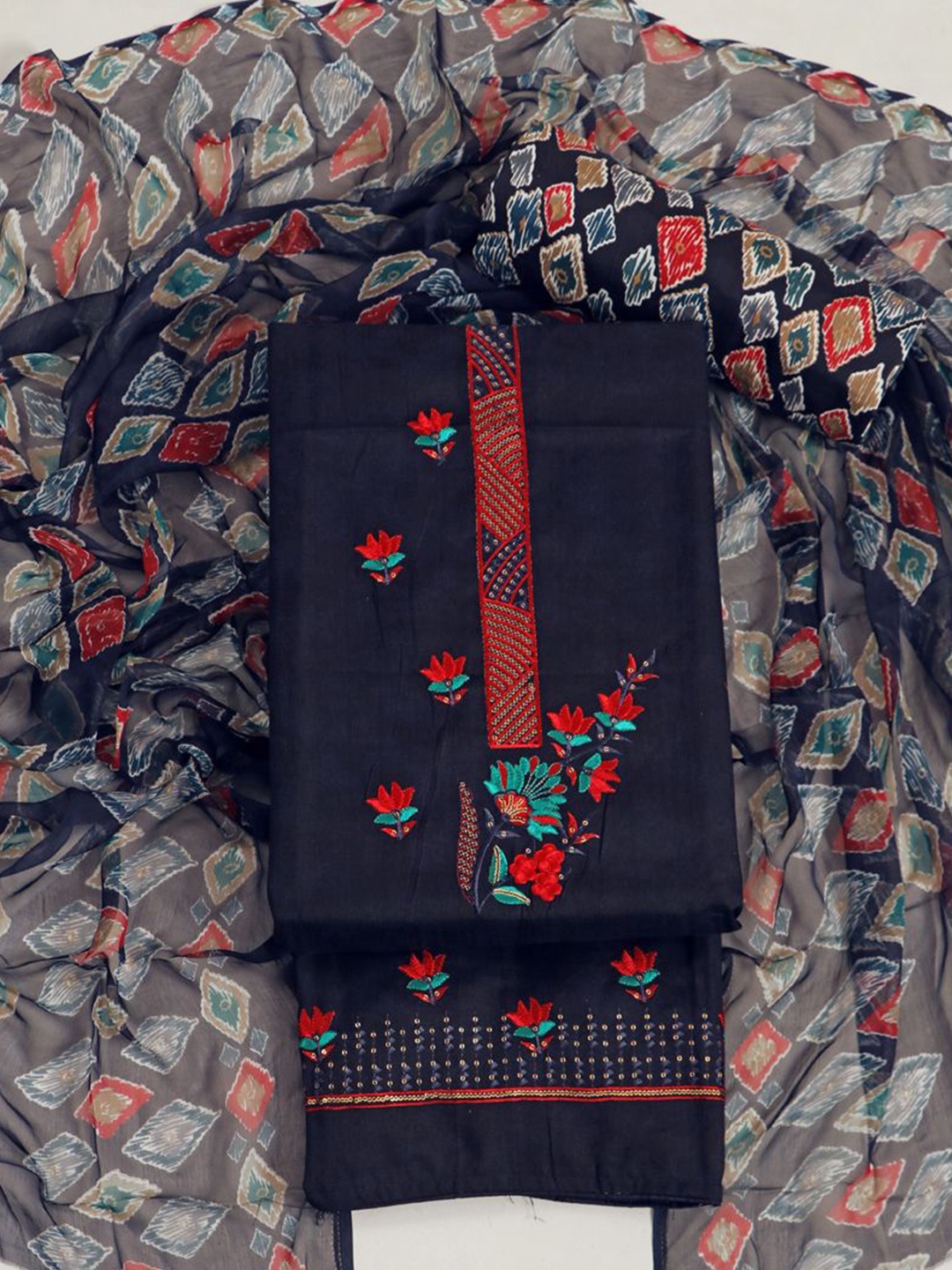 

ASISA Floral Embroidered Unstitched Dress Material, Navy blue