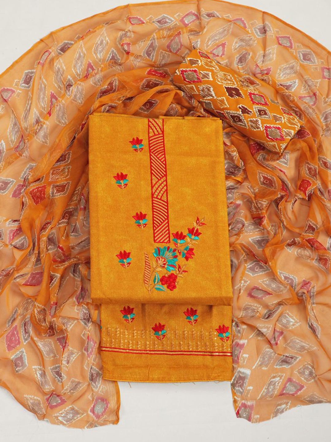 

ASISA Floral Embroidered Pure Cotton Unstitched Dress Material, Yellow