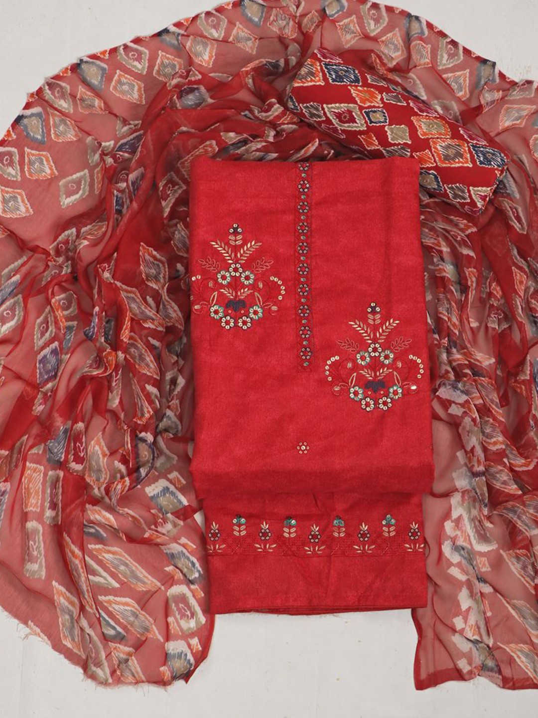 

ASISA Ethnic Motifs Embroidered Sequinned Pure Cotton Unstitched Dress Material, Red