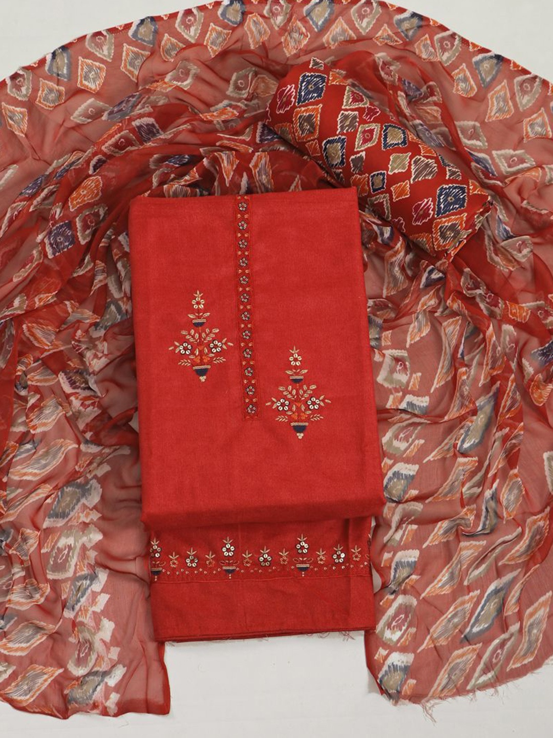 

ASISA Floral Embroidered Pure Cotton Unstitched Dress Material, Red