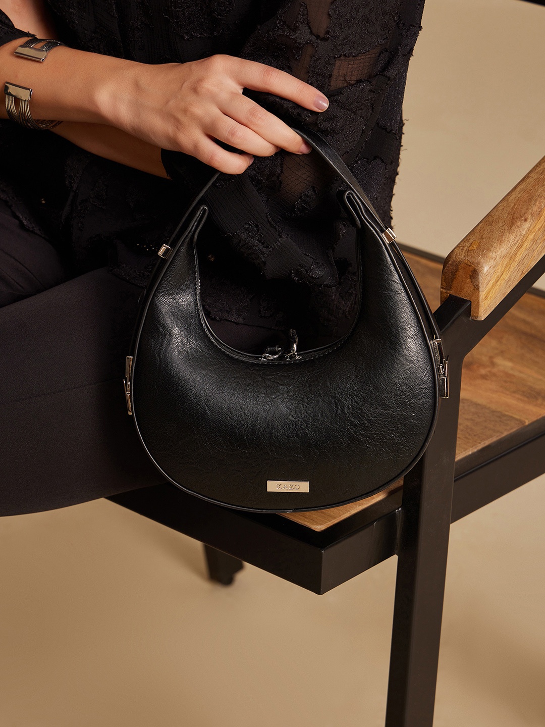 

Kazo Textured Half Moon Hobo Bag, Black