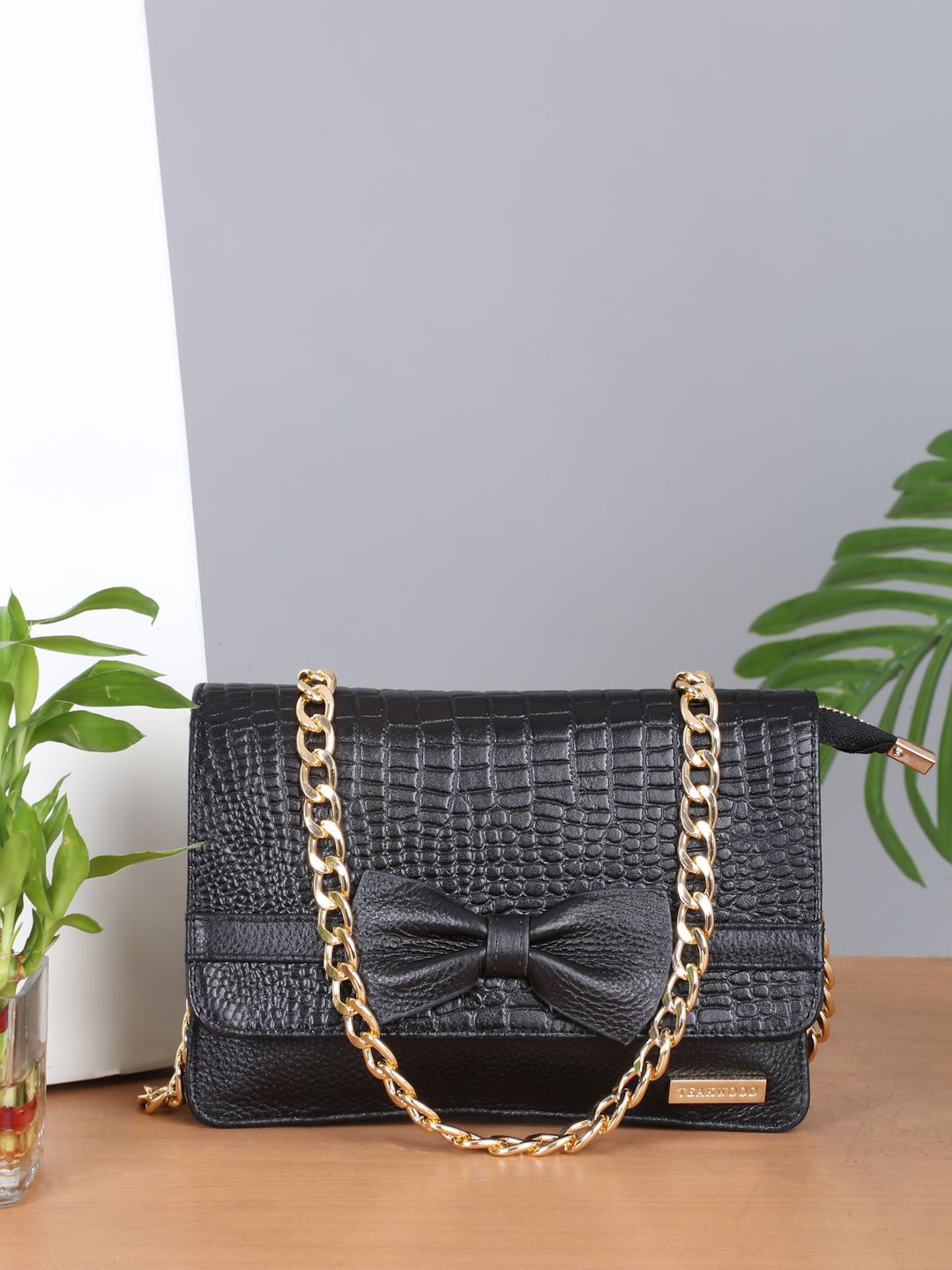 

Teakwood Leathers Textured Small Half Moon Sling Bag, Black